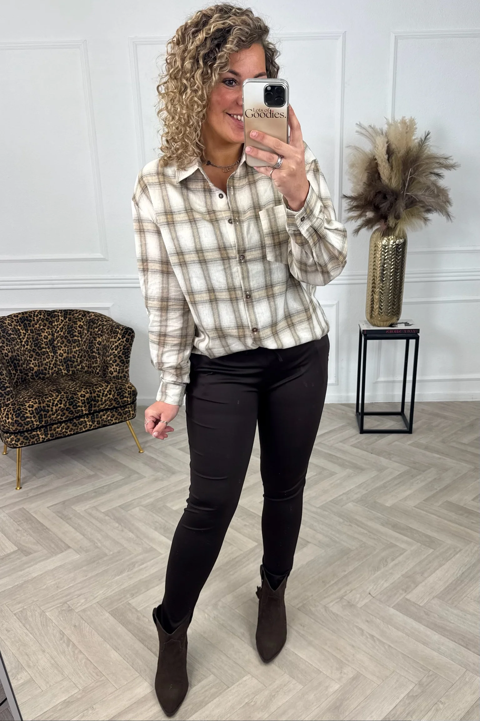 Oversized Plaid Blouse - Beige - Image 5