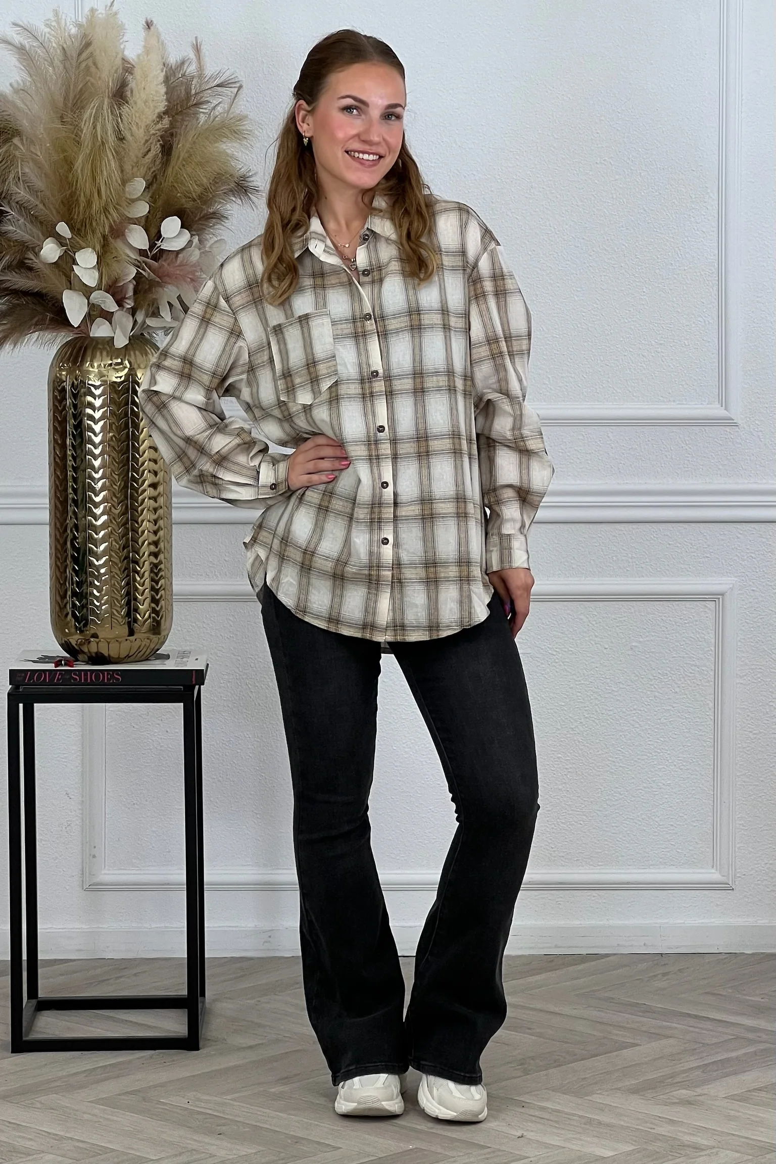 Oversized Plaid Blouse - Beige - Image 6