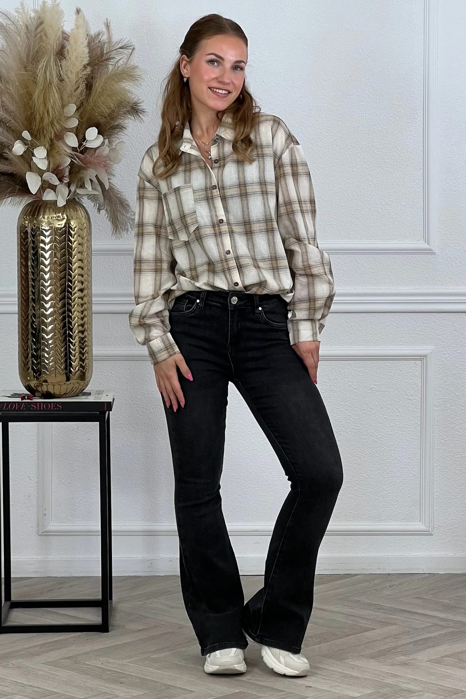 Oversized Plaid Blouse - Beige - Image 7
