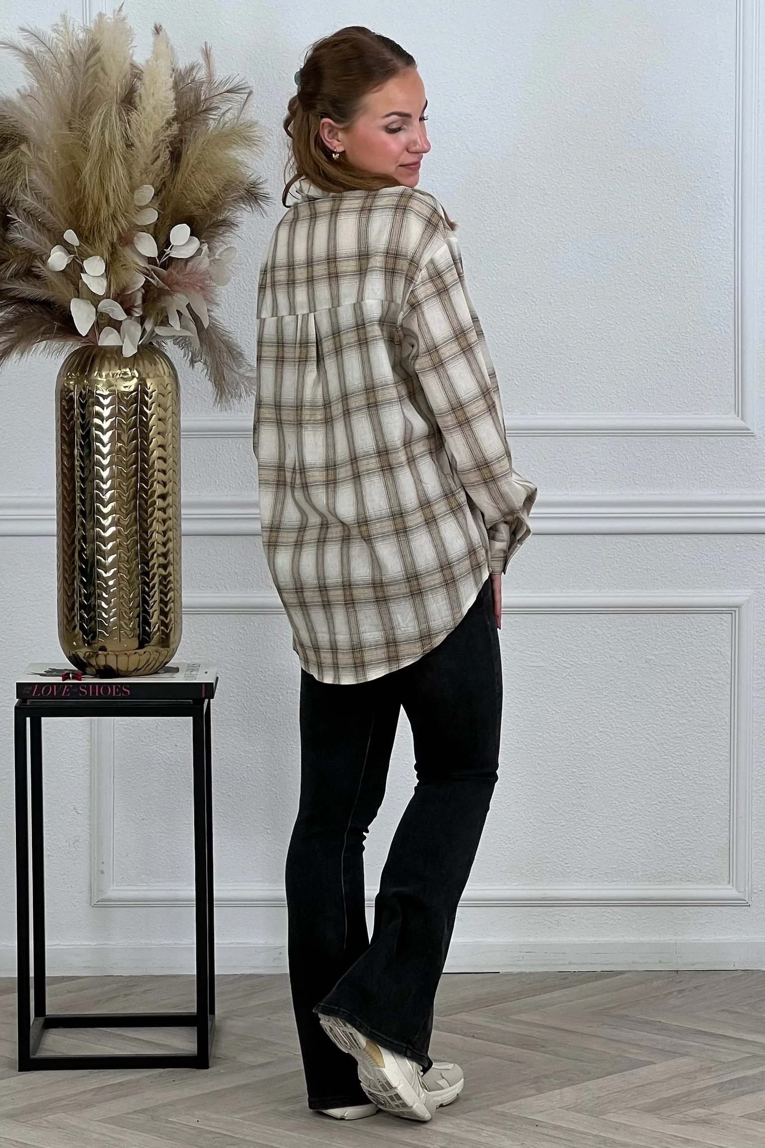 Oversized Plaid Blouse - Beige - Image 9