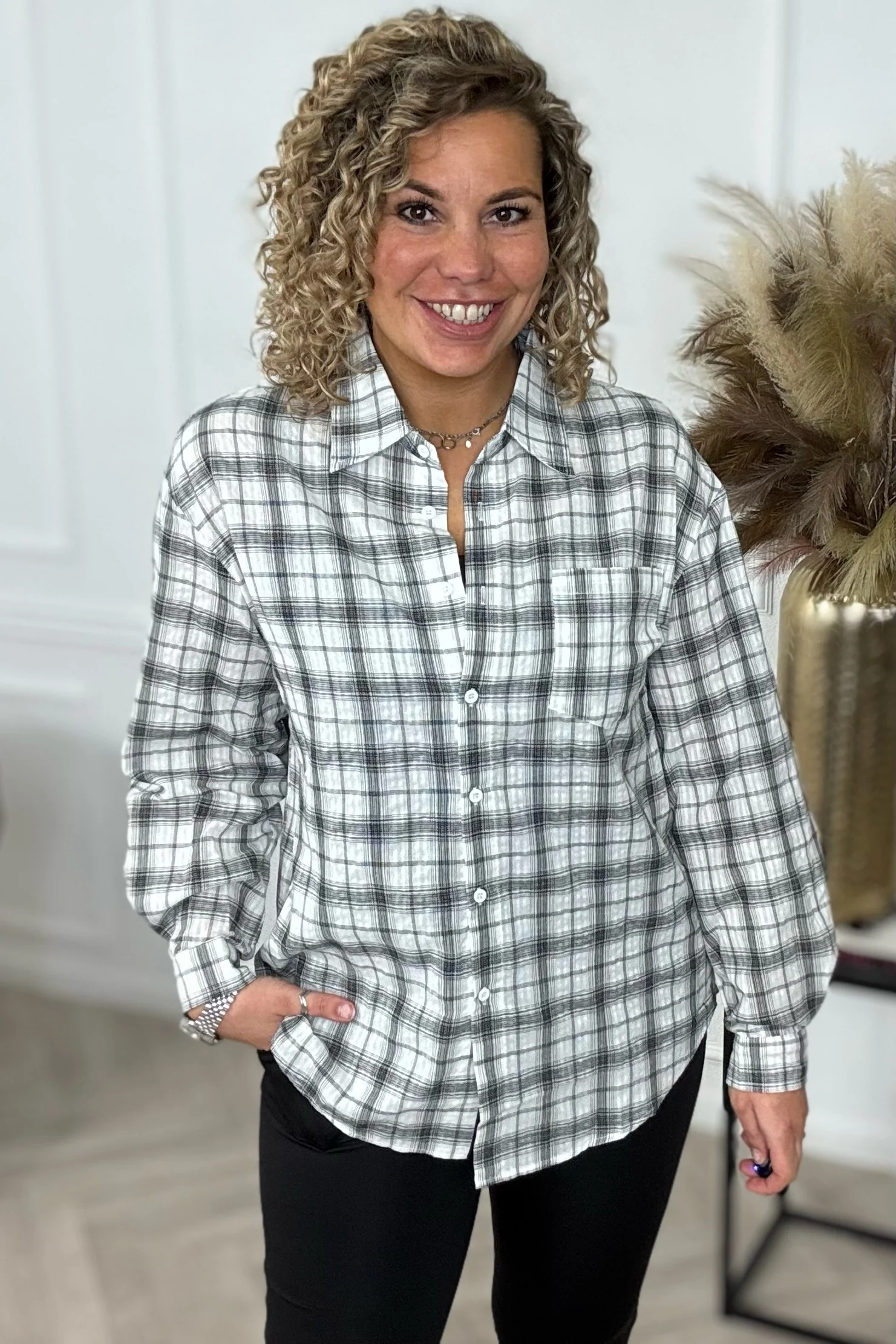 Oversized Plaid Blouse - Grey