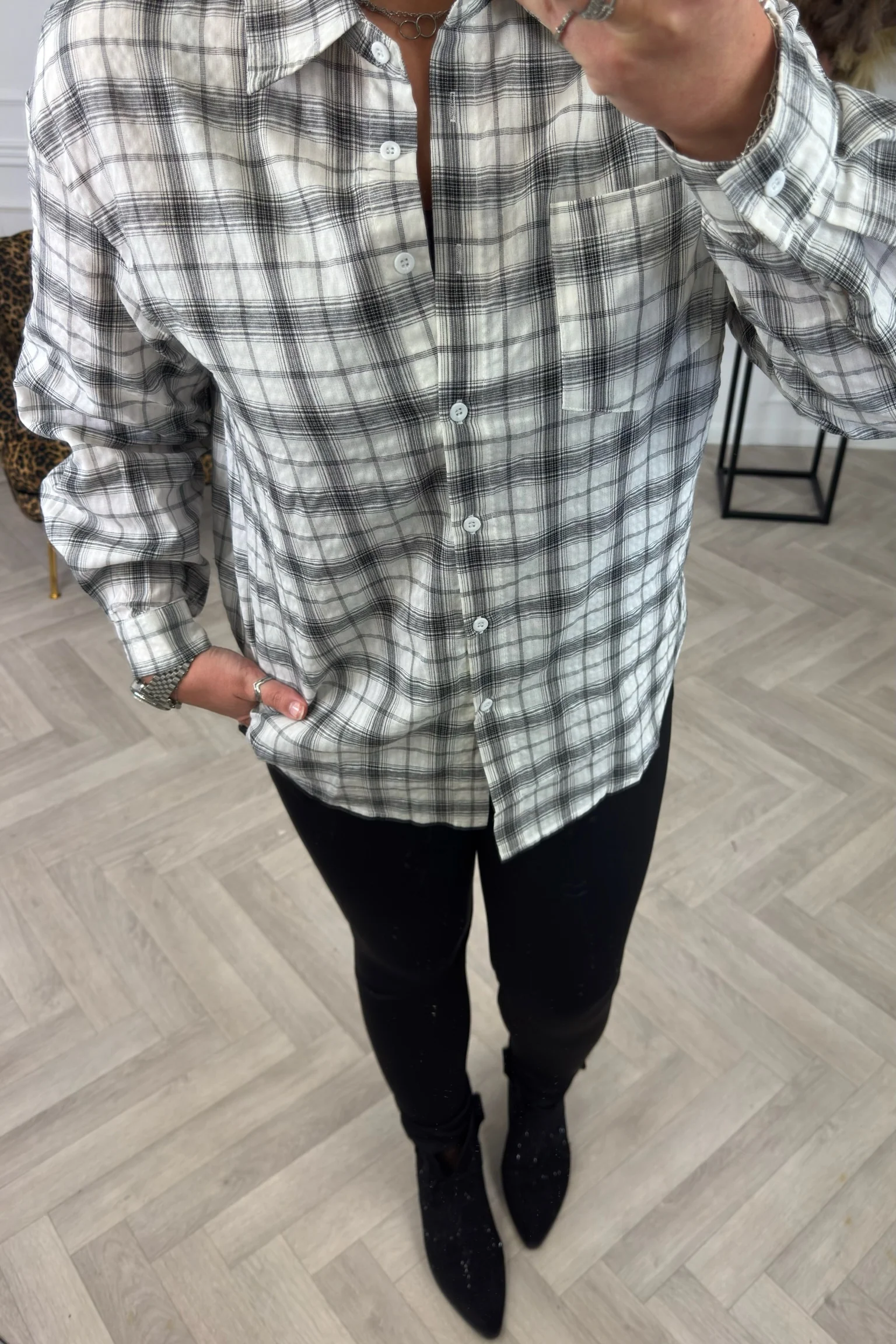 Oversized Plaid Blouse - Grey - Image 3