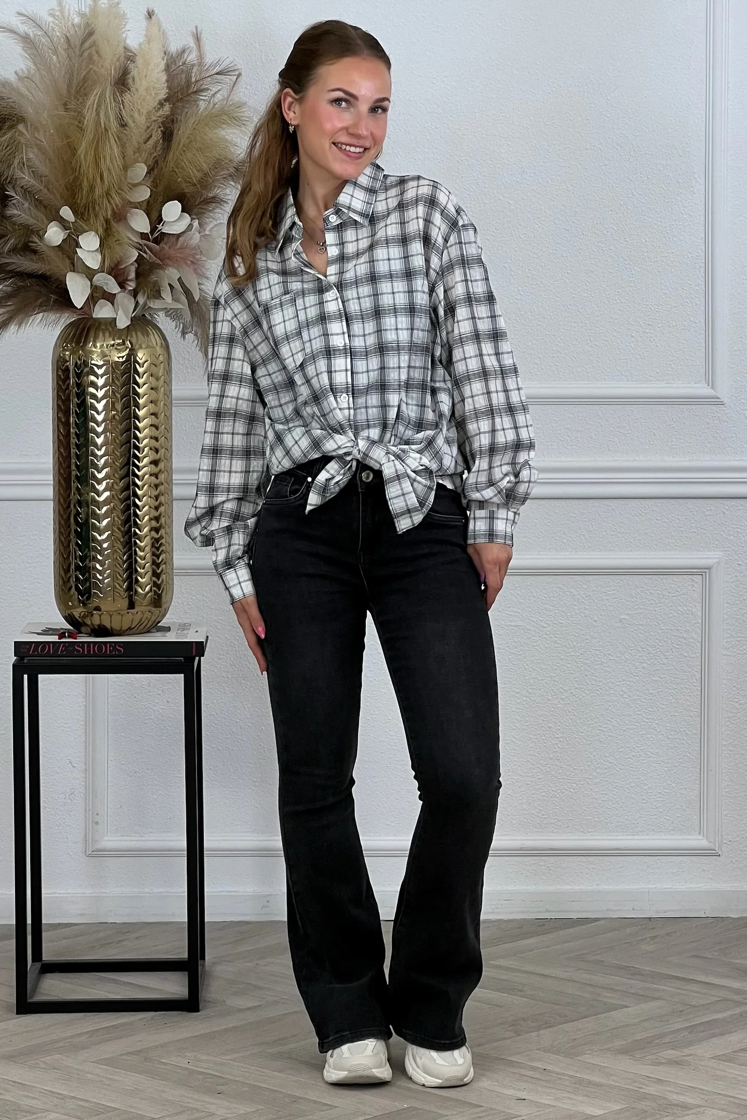 Oversized Plaid Blouse - Grey - Image 5