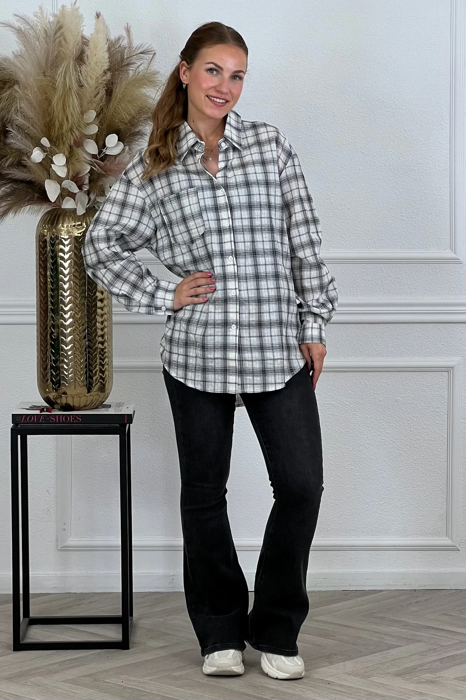 Oversized Plaid Blouse - Grey - Image 6