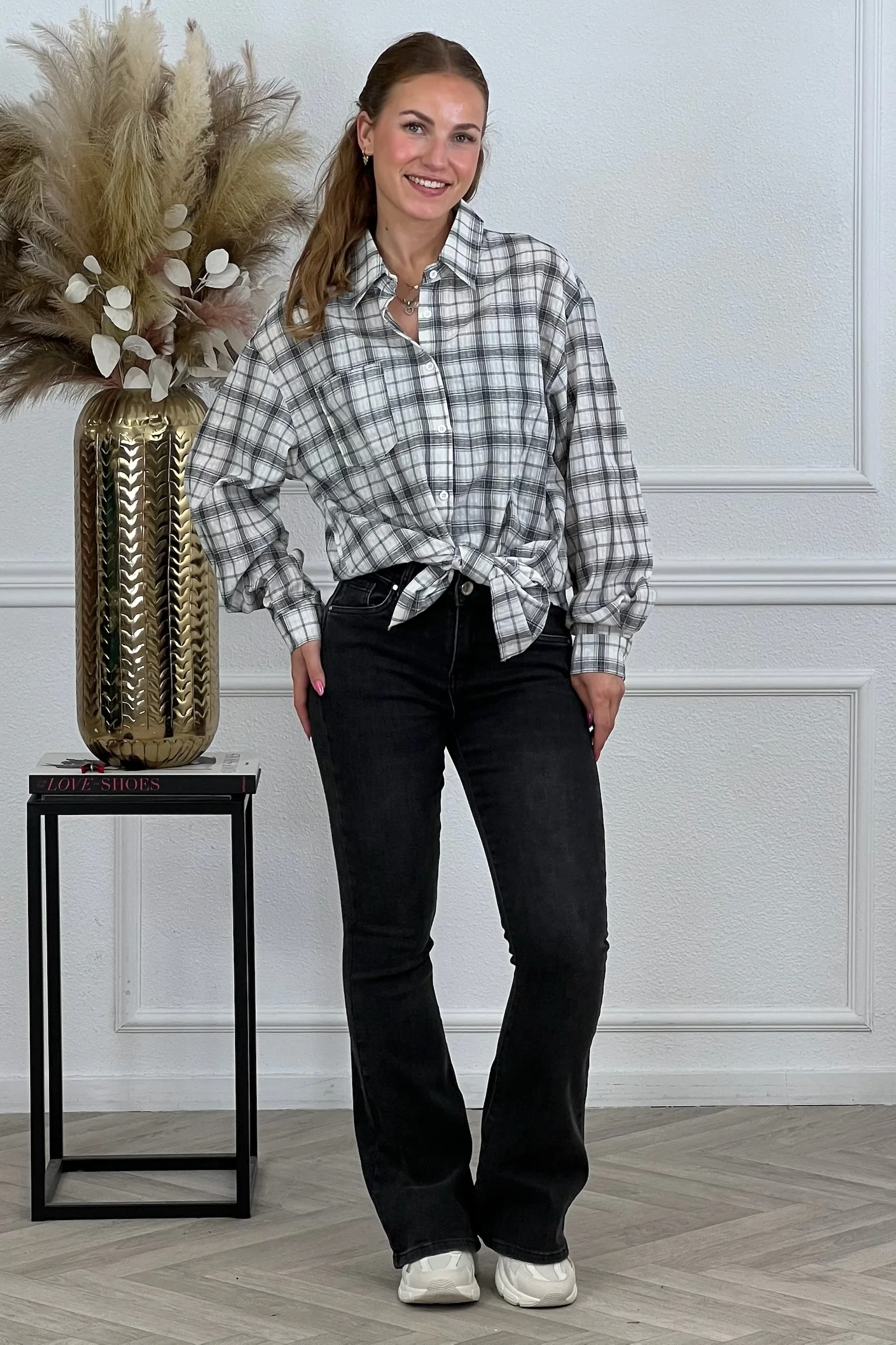 Oversized Plaid Blouse - Grey - Image 7