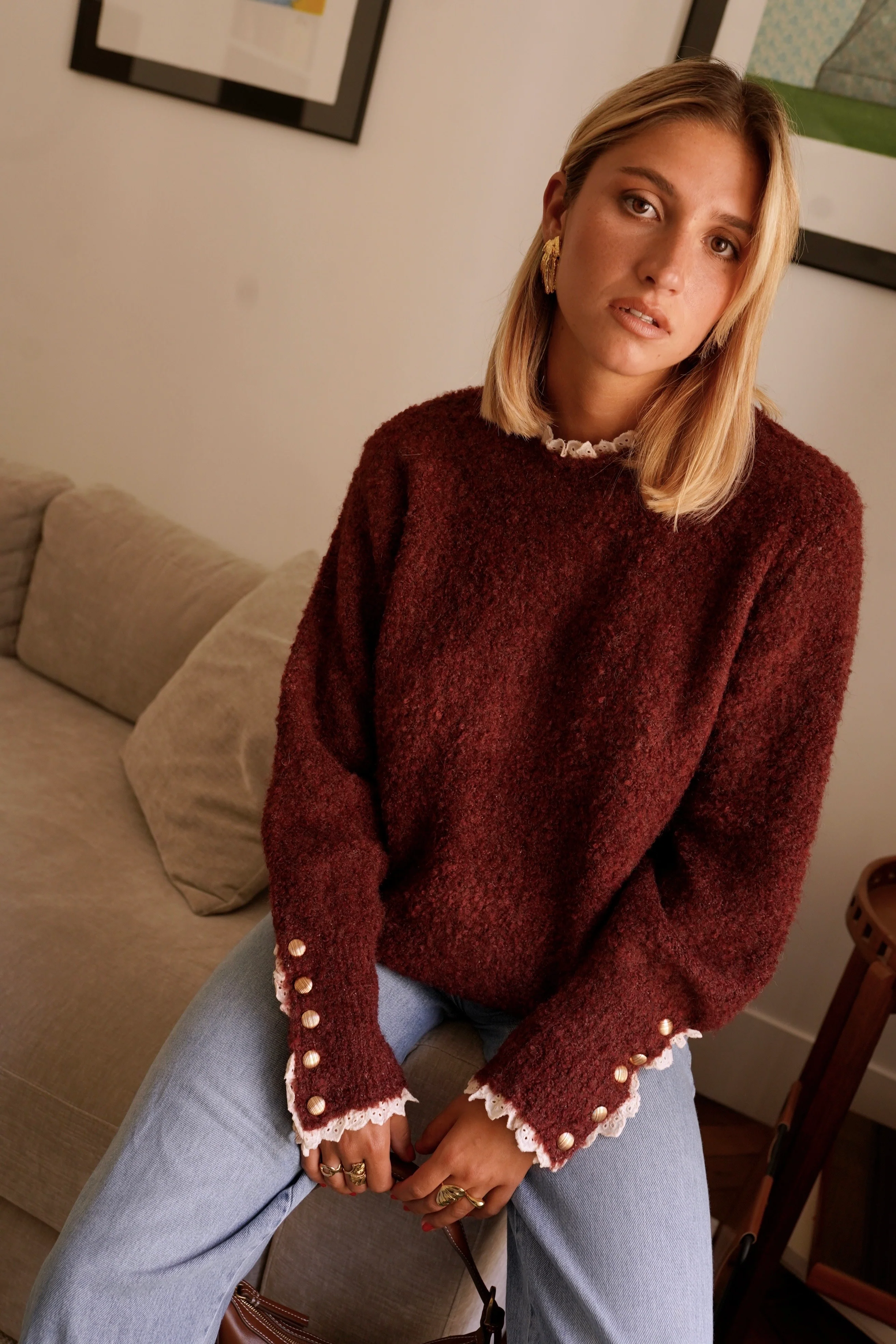 Pauline Button Sleeve Sweater - Bordeaux - Image 2