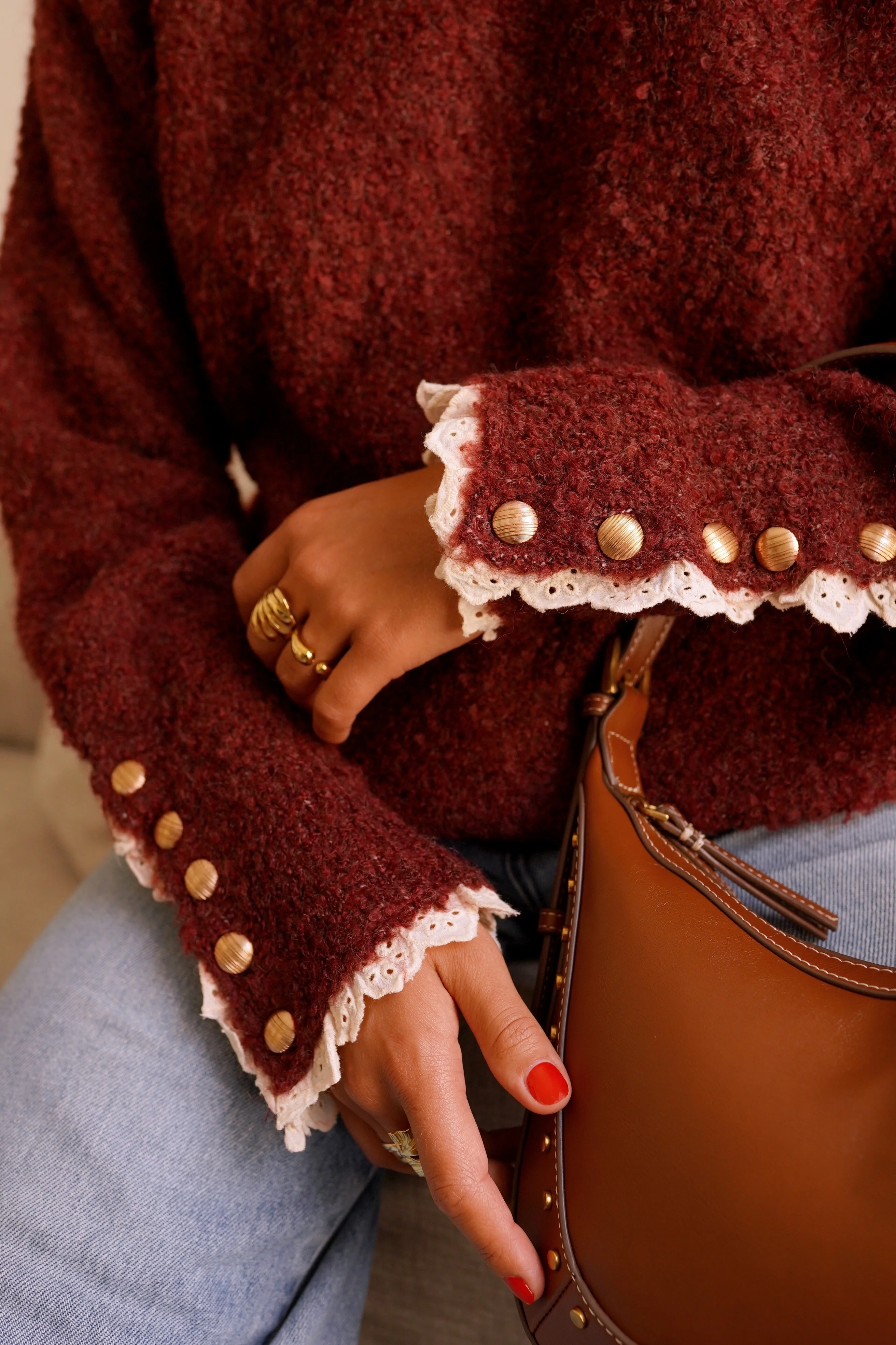 Pauline Button Sleeve Sweater - Bordeaux - Image 7