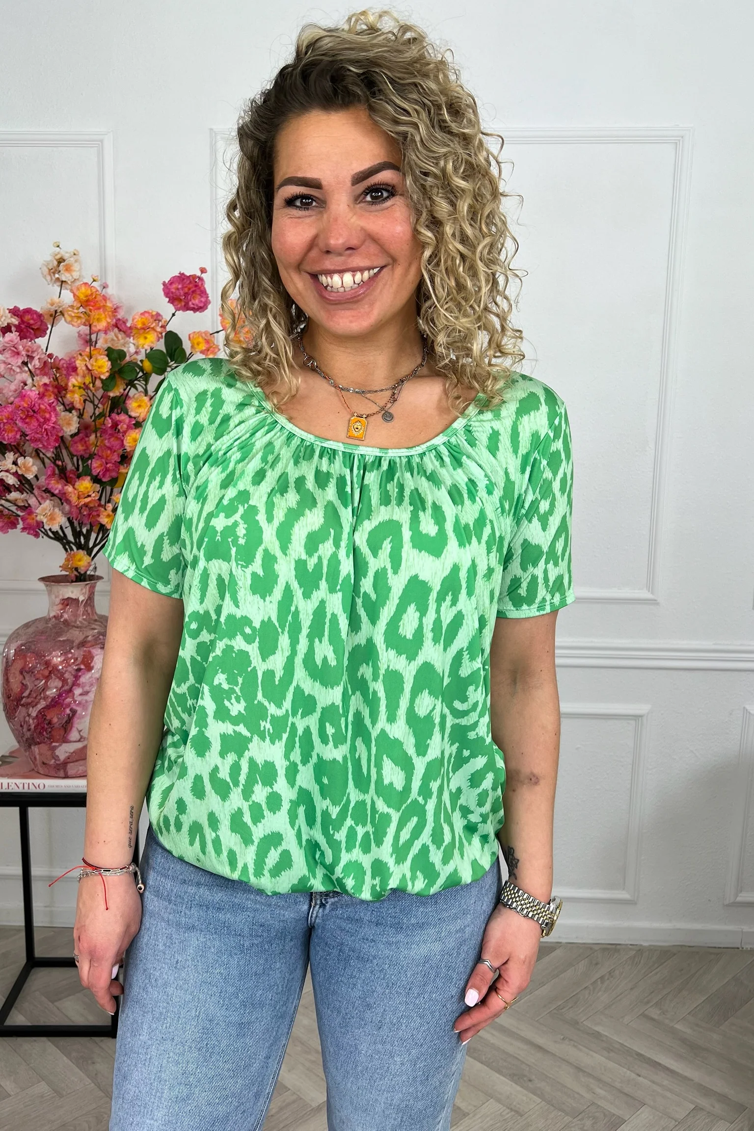 Perfect Balloon Leopard Top - Green - Image 5
