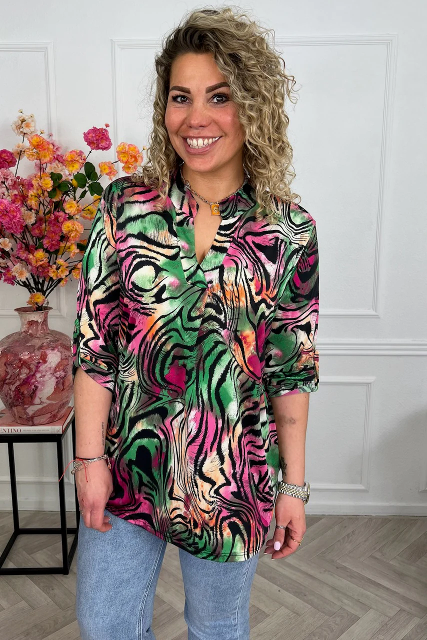 Perfect Basic Blouse Leopard print - Pink/Green/Black - Image 3