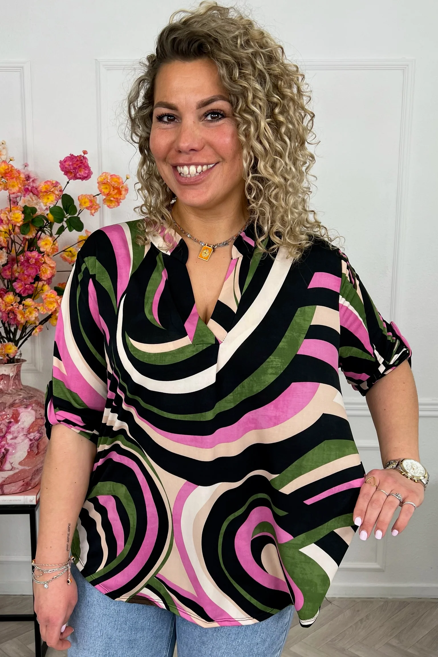 Perfect Basic Swirl Blouse - Green/White