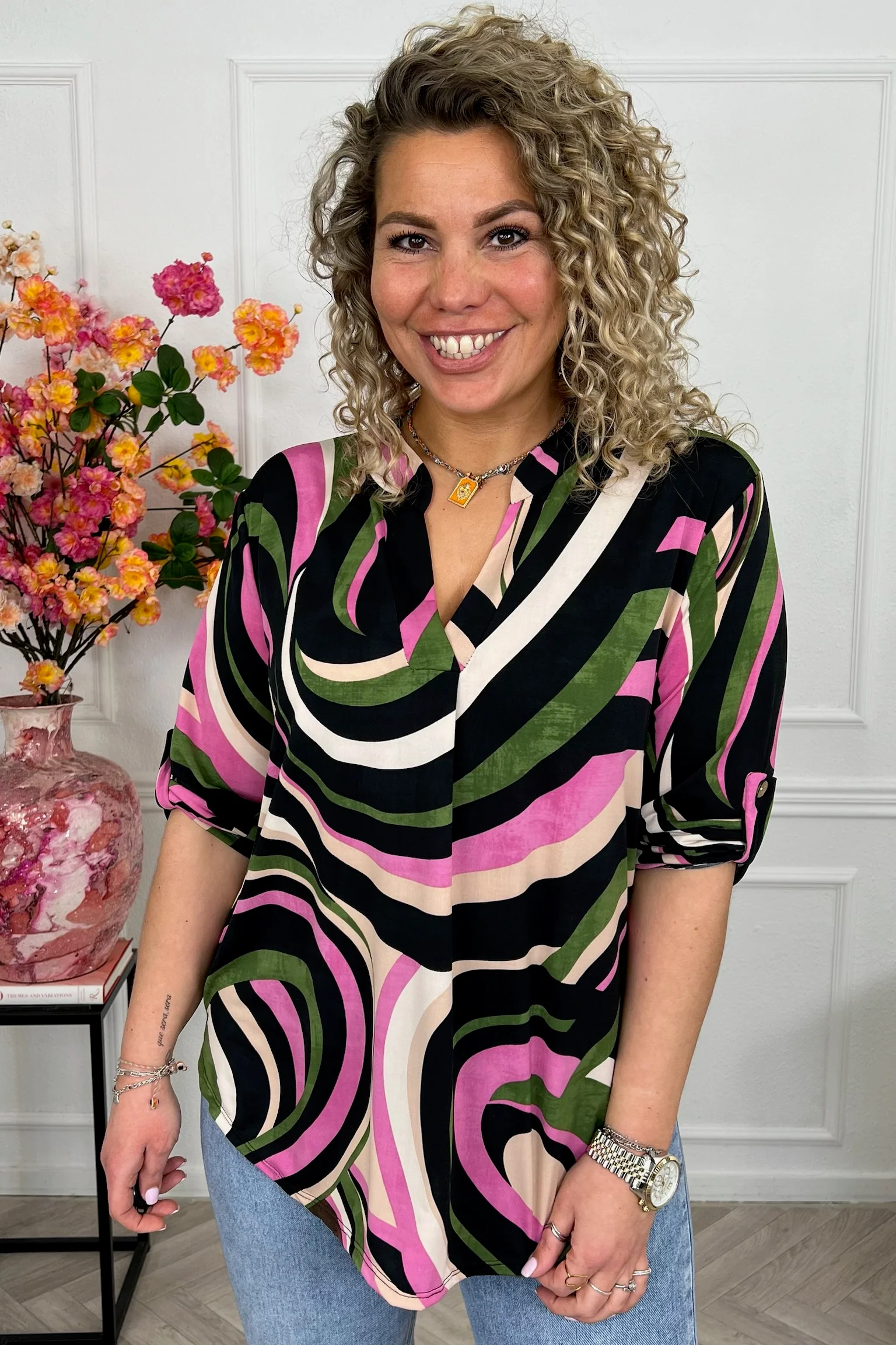 Perfect Basic Swirl Blouse - Green/White - Image 2
