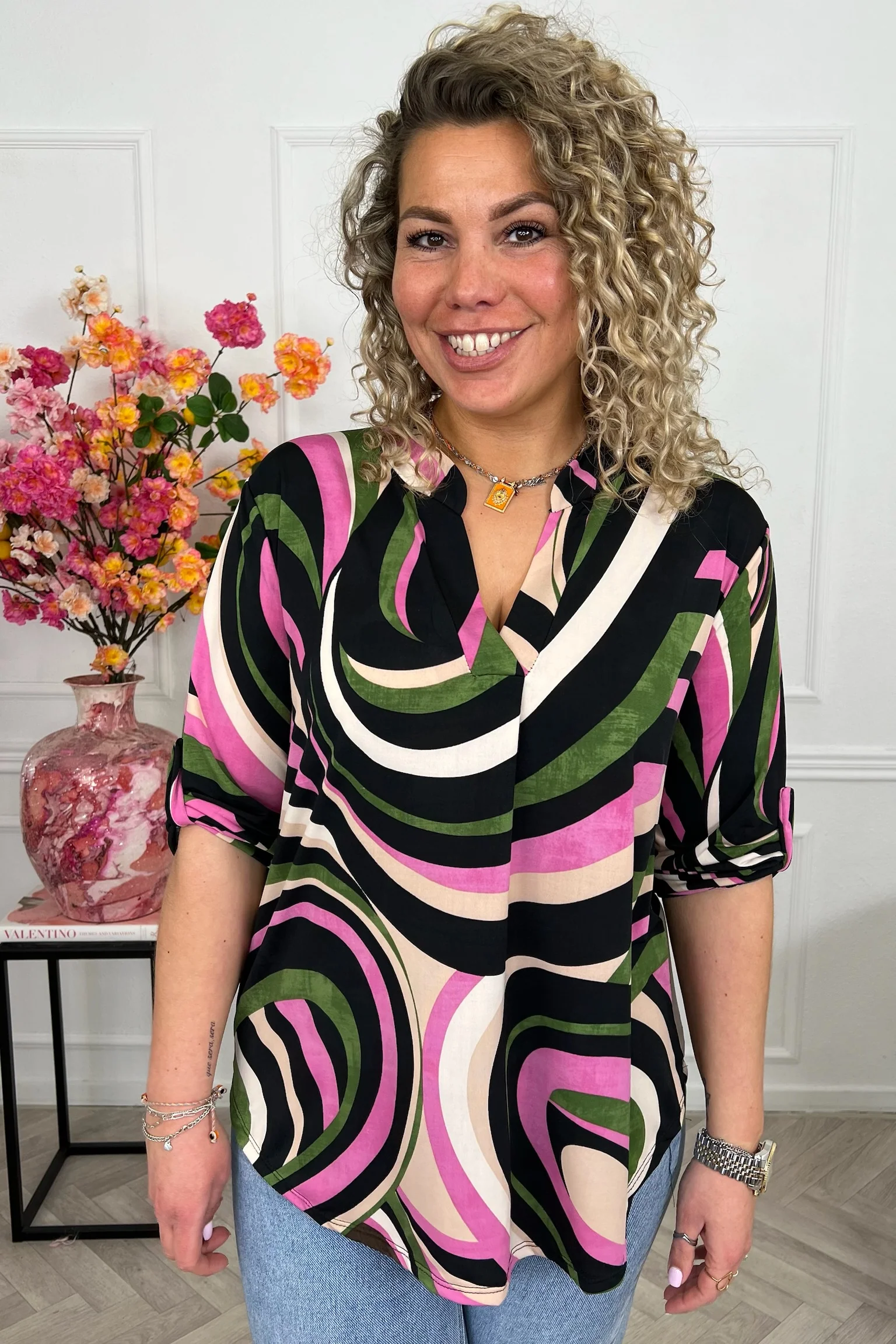Perfect Basic Swirl Blouse - Green/White - Image 3