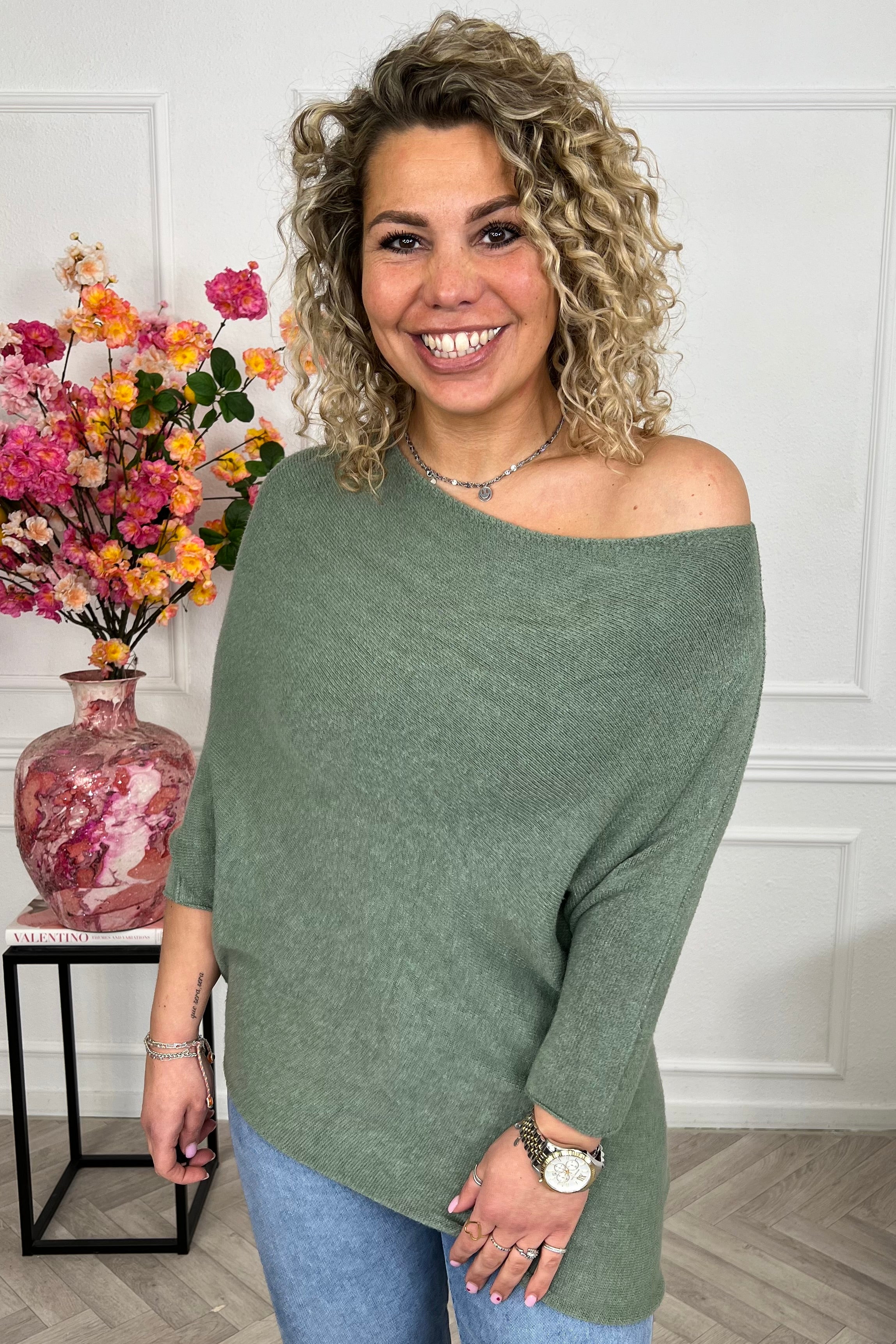 Perfect Breeze Off Shoulder Sweater - Armygreen