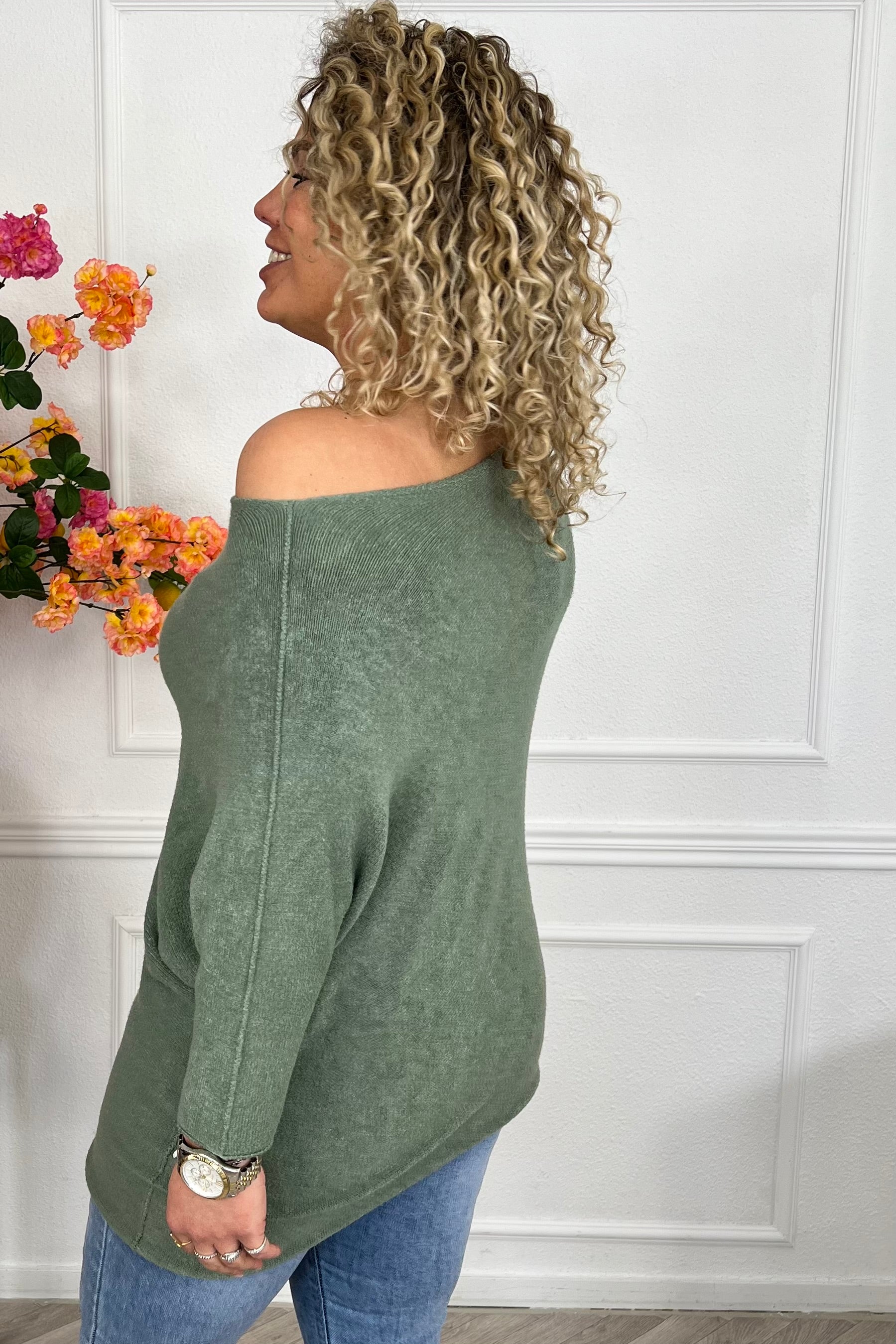Perfect Breeze Off Shoulder Sweater - Armygreen - Image 2