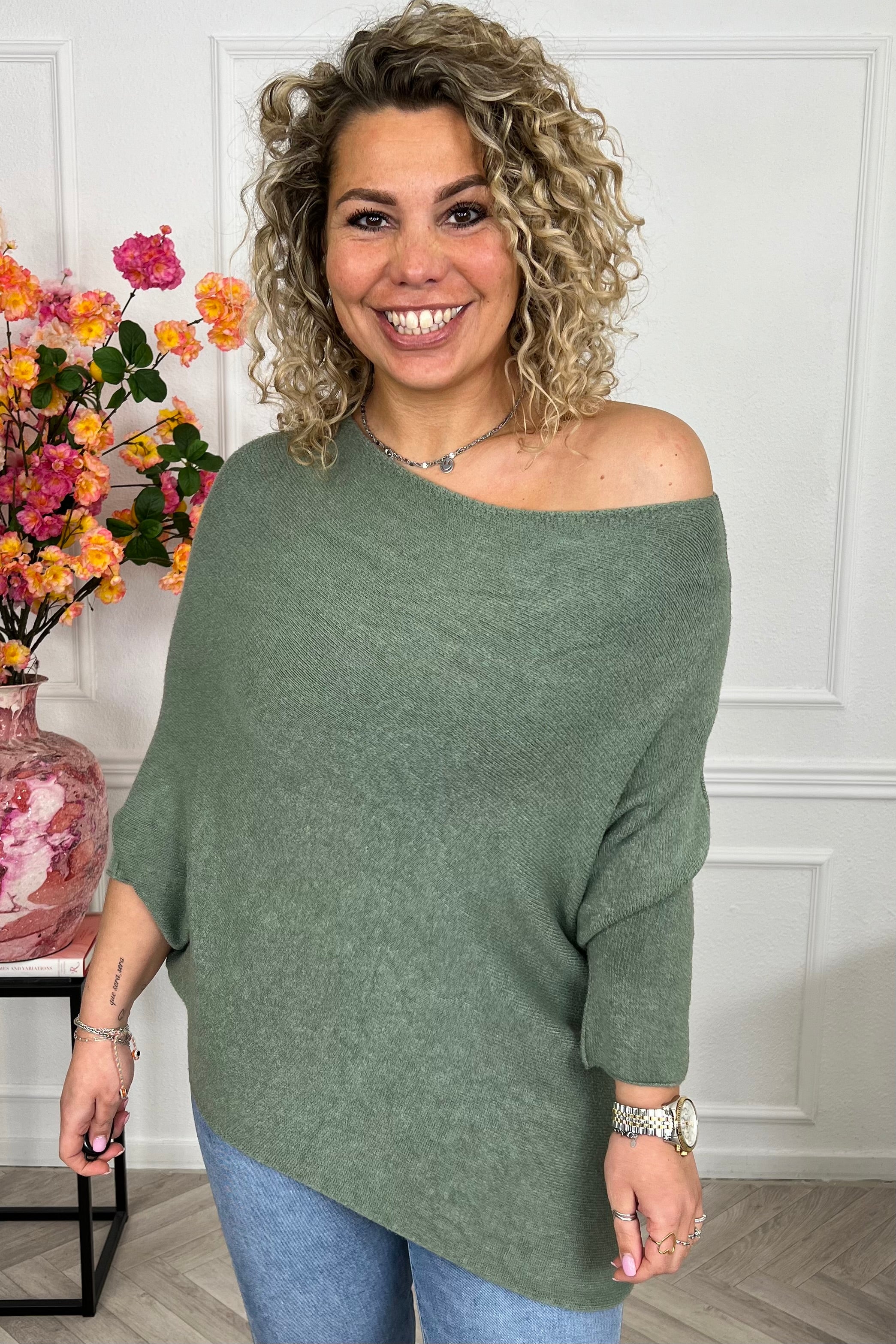 Perfect Breeze Off Shoulder Sweater - Armygreen - Image 3