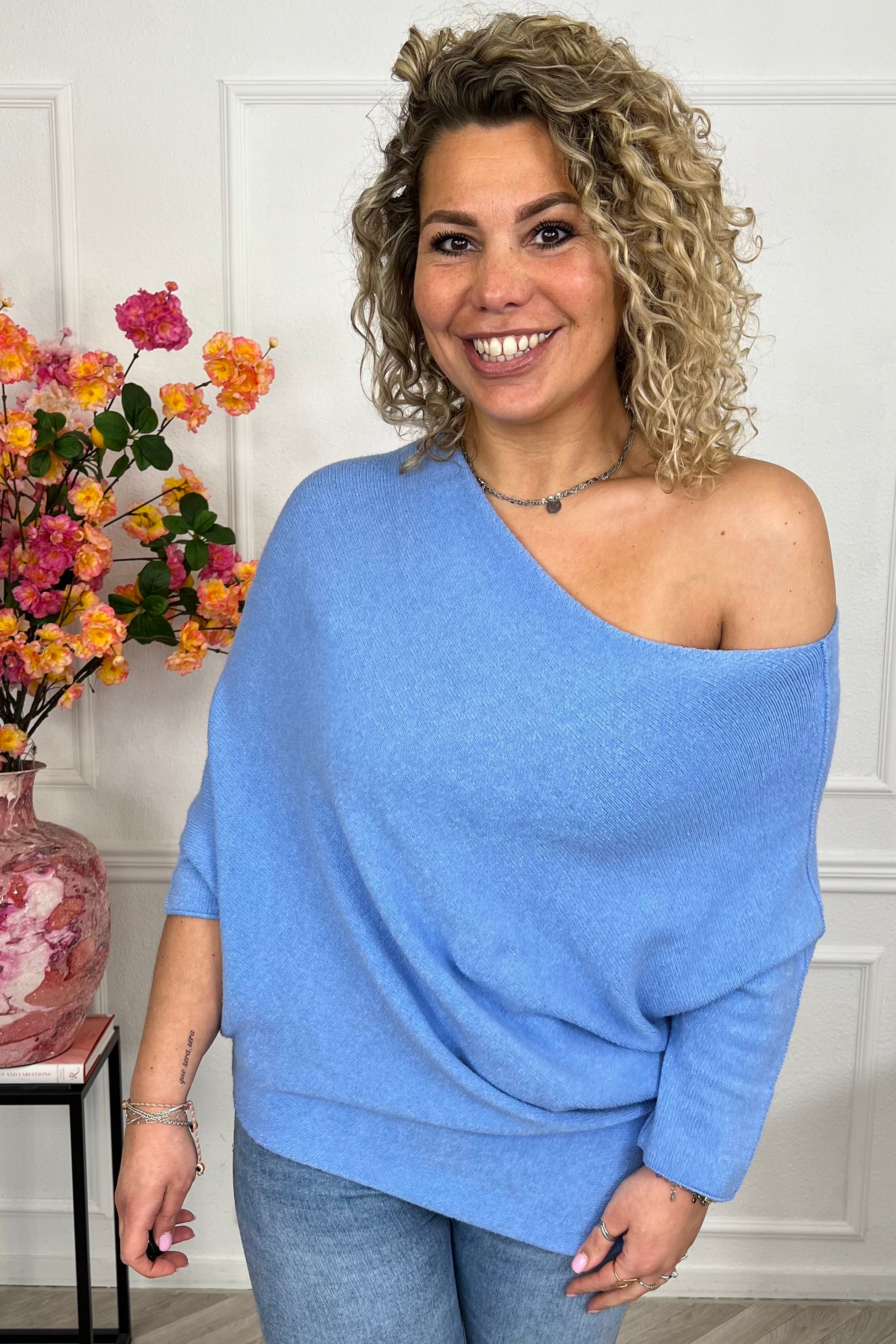 Perfect Breeze Off Shoulder Sweater - Blue