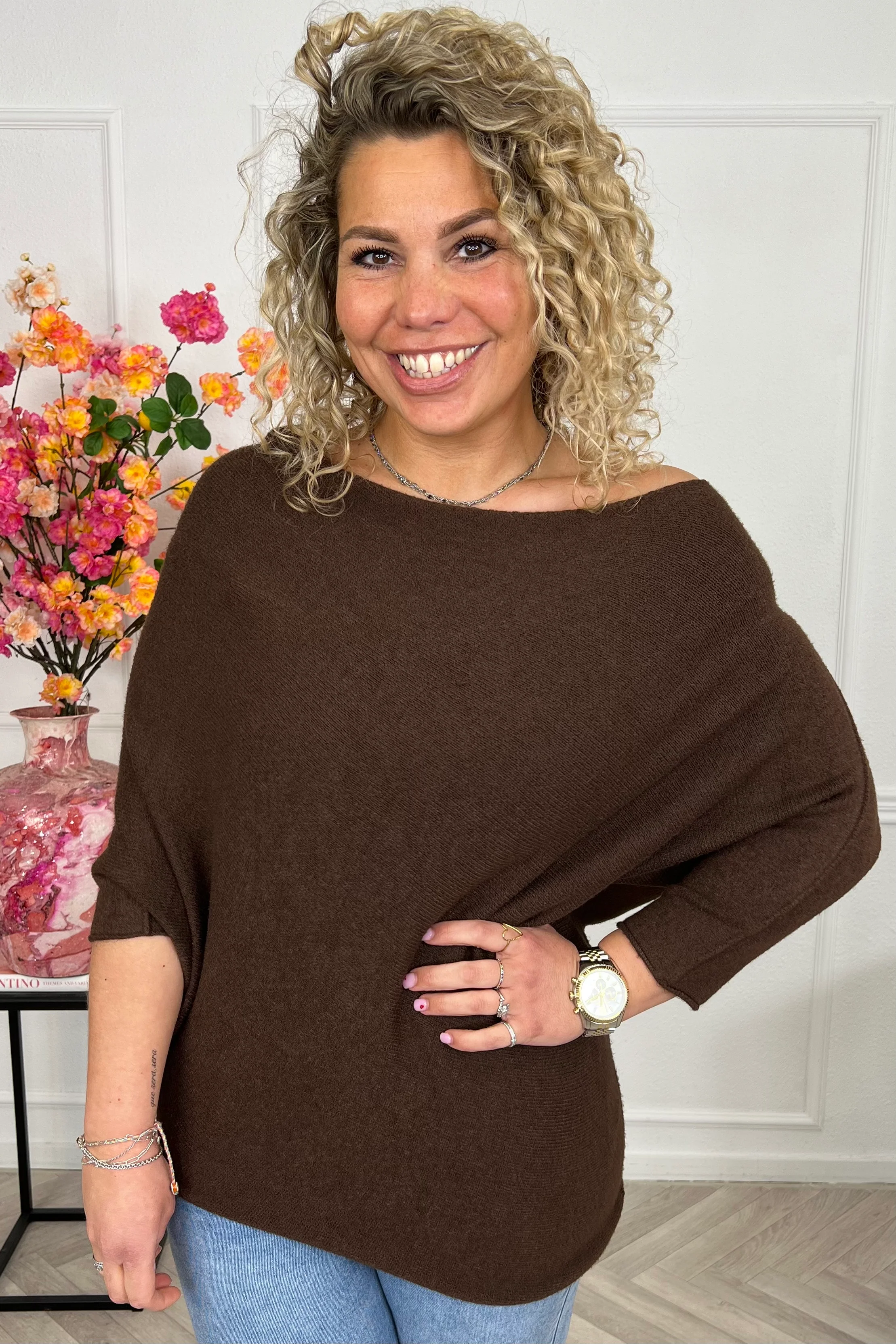 Perfect Breeze Off Shoulder Sweater - Brown - Image 3