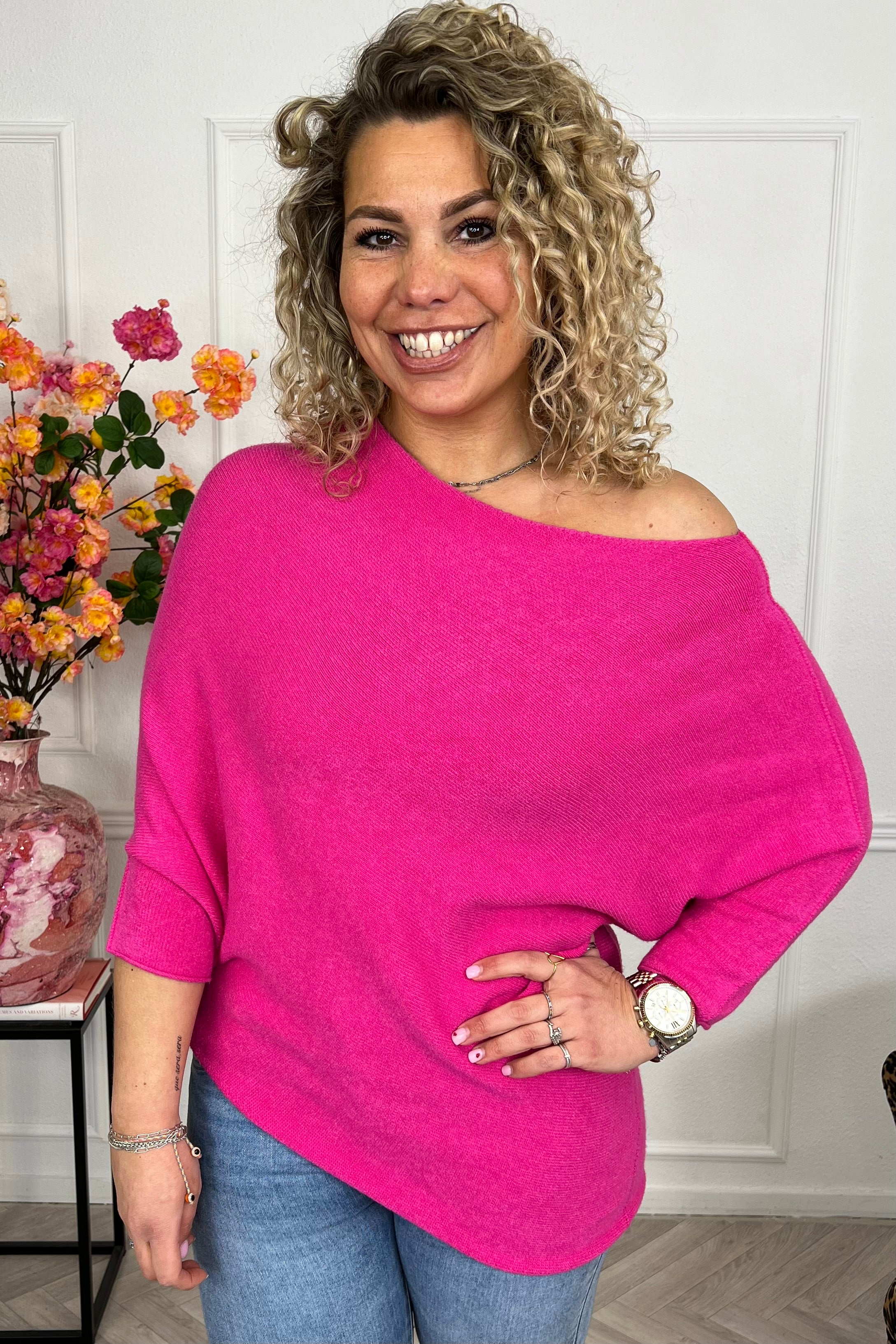 Perfect Breeze Off Shoulder Sweater - Fuchsia
