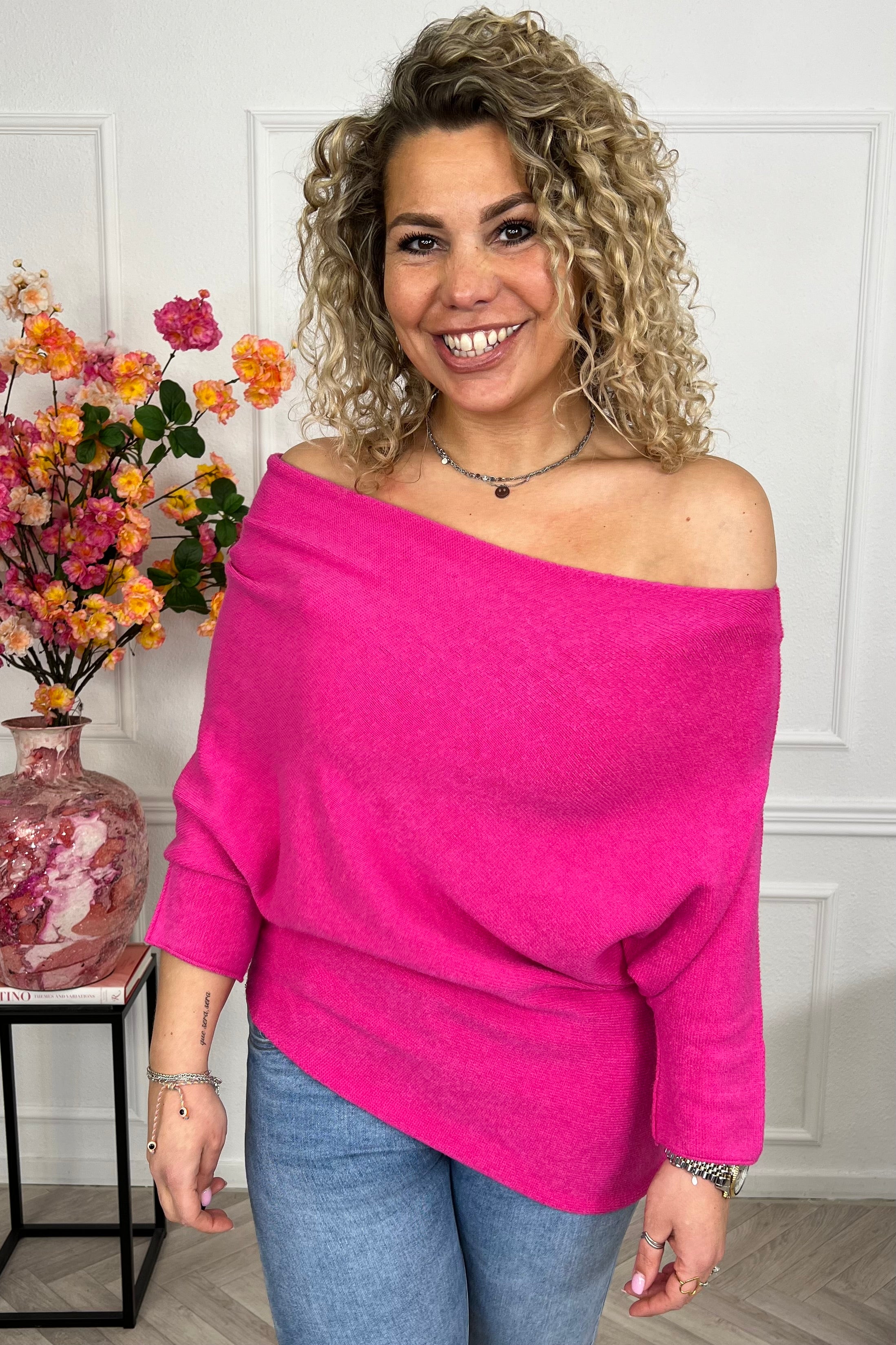 Perfect Breeze Off Shoulder Sweater - Fuchsia - Image 3