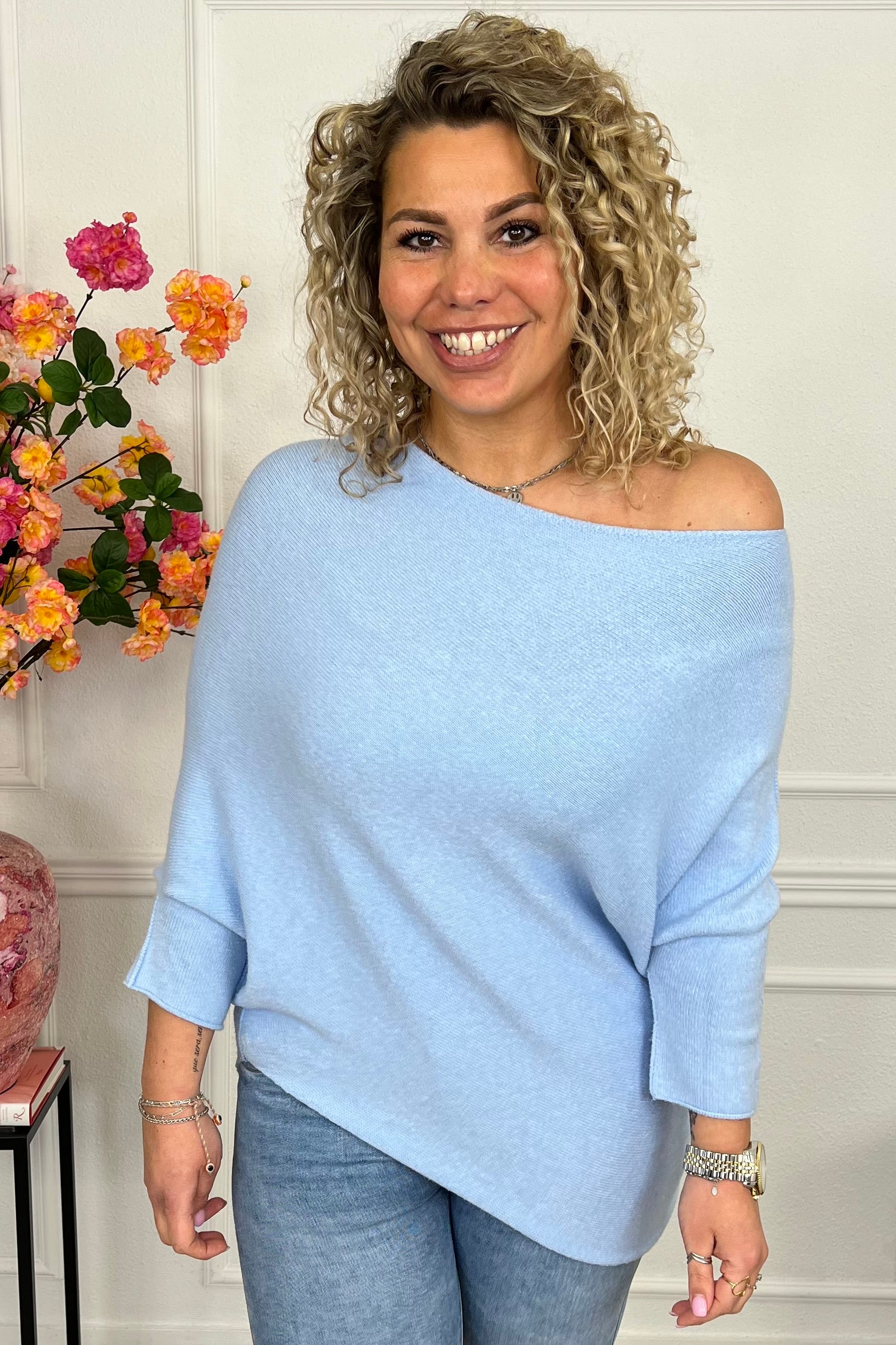 Perfect Breeze Off Shoulder Sweater - Light Blue