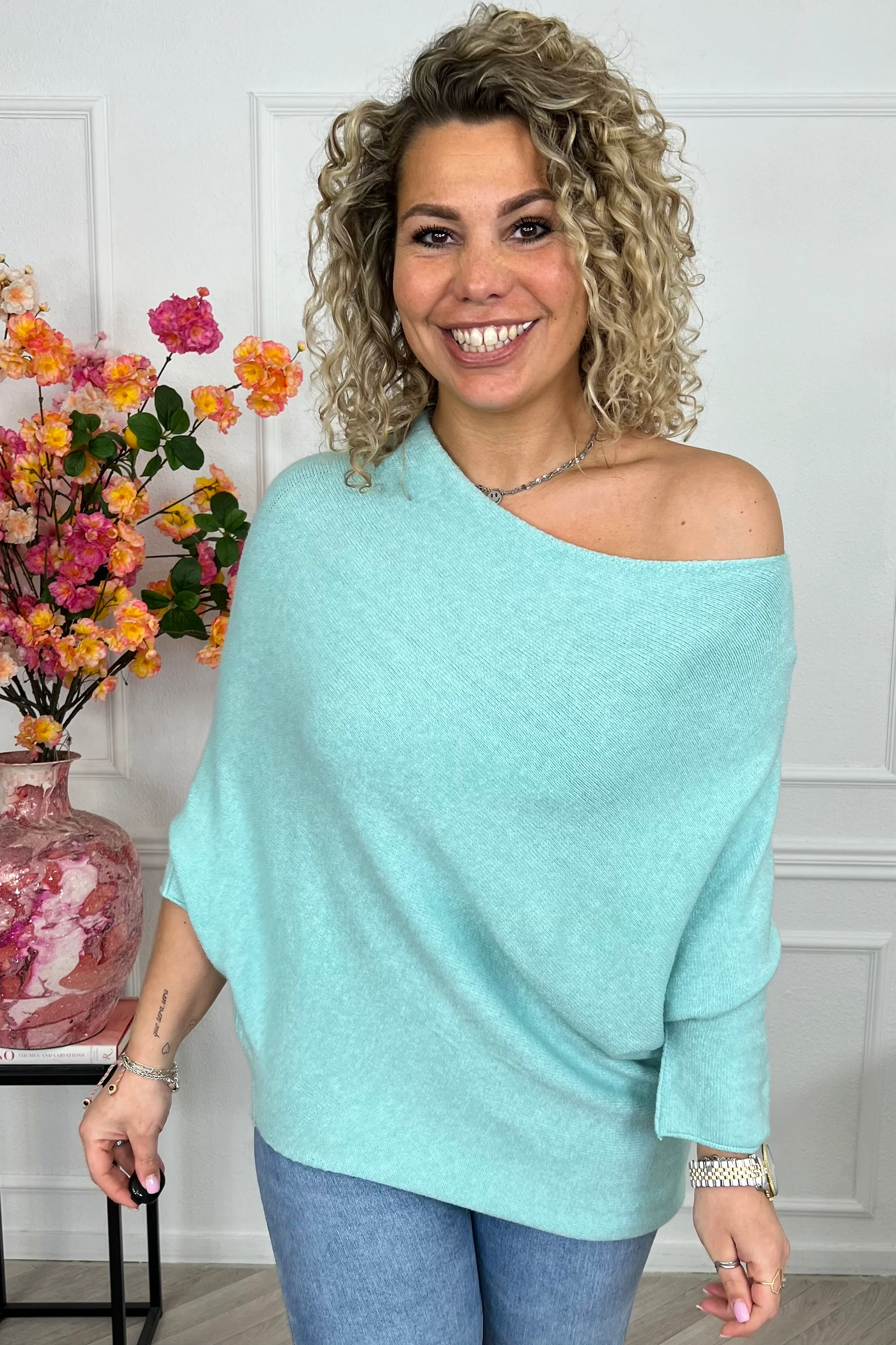Perfect Breeze Off Shoulder Sweater - Mint - Image 3