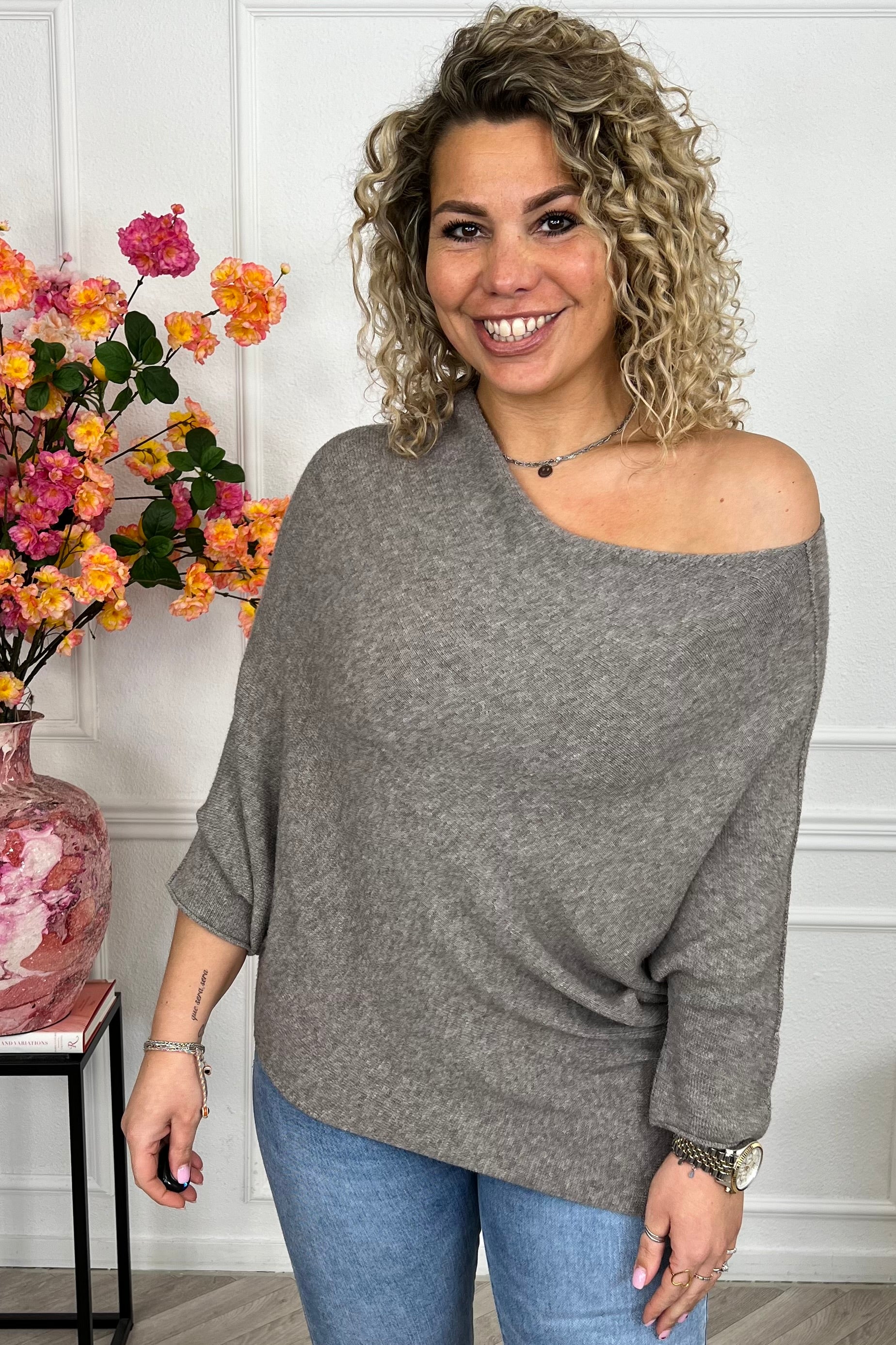 Perfect Breeze Off Shoulder Sweater - Taupe - Image 3