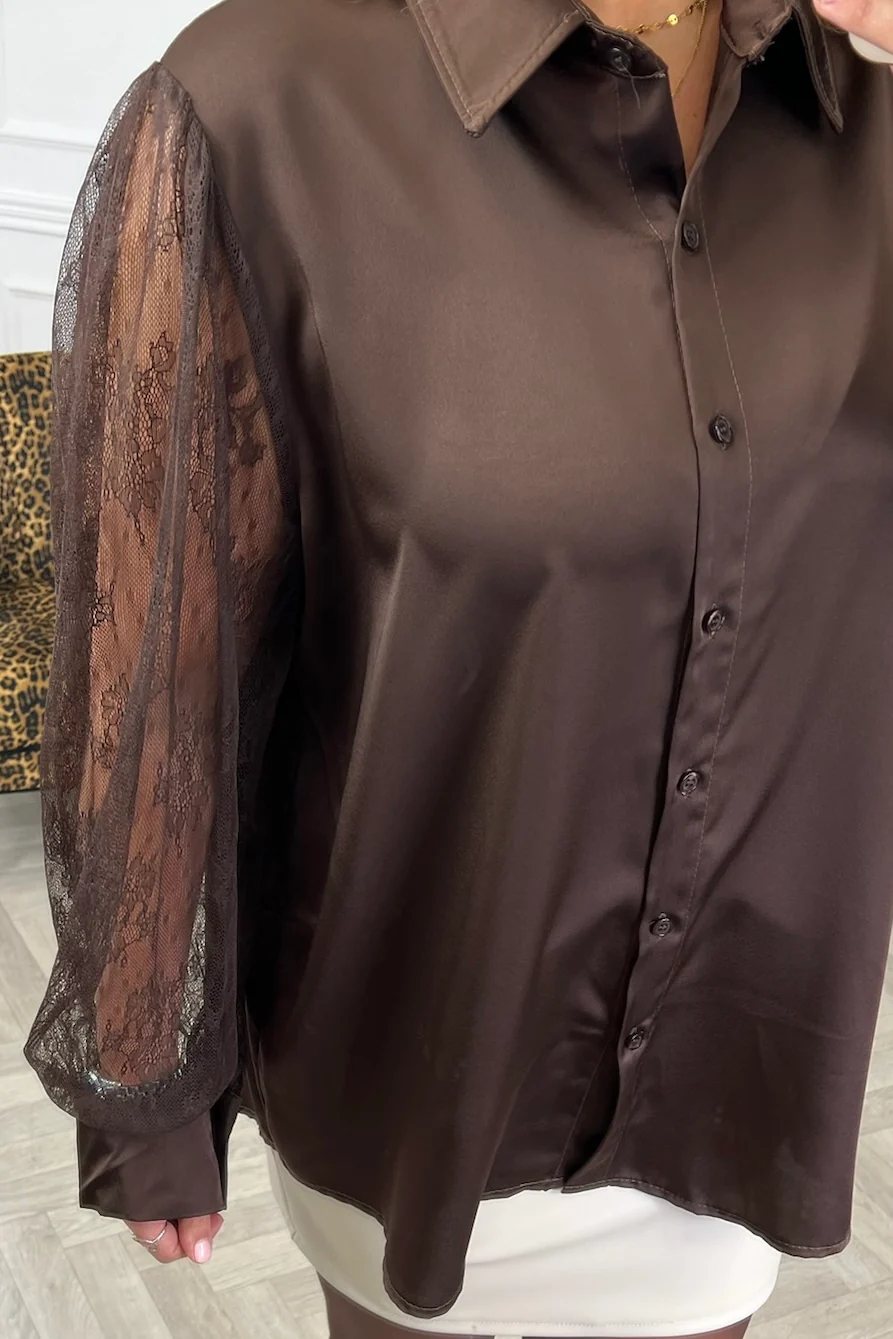 Silky Lace Sleeve Blouse - Brown - Image 3