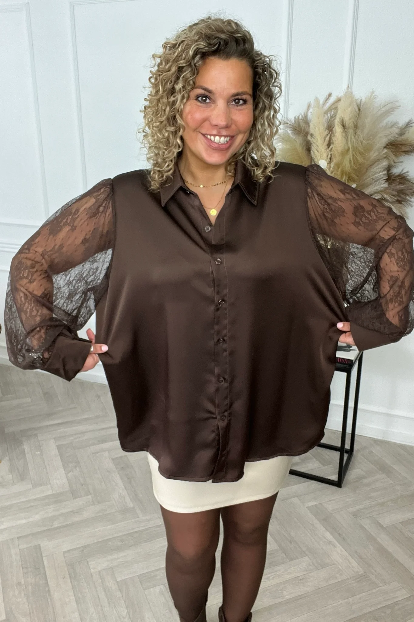 Silky Lace Sleeve Blouse - Brown - Image 5