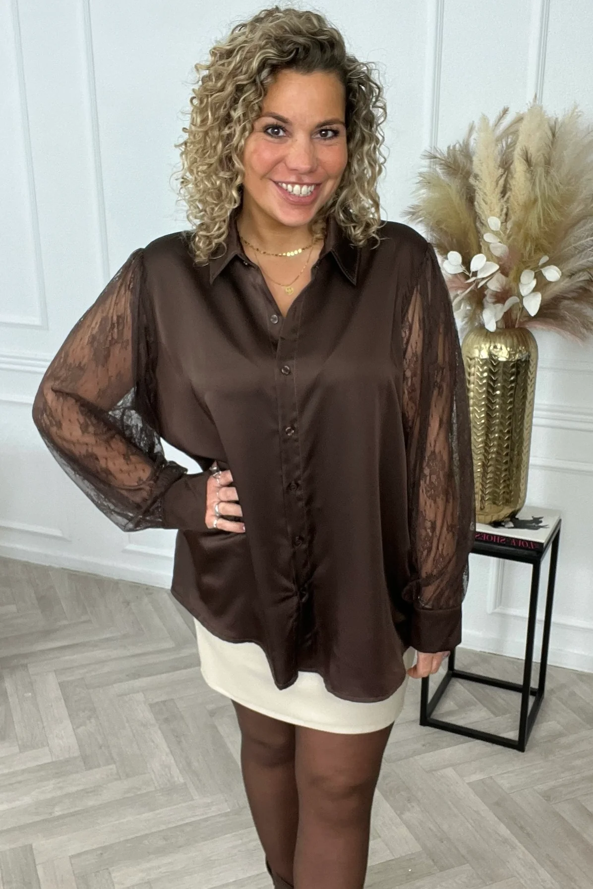 Silky Lace Sleeve Blouse - Brown - Image 6