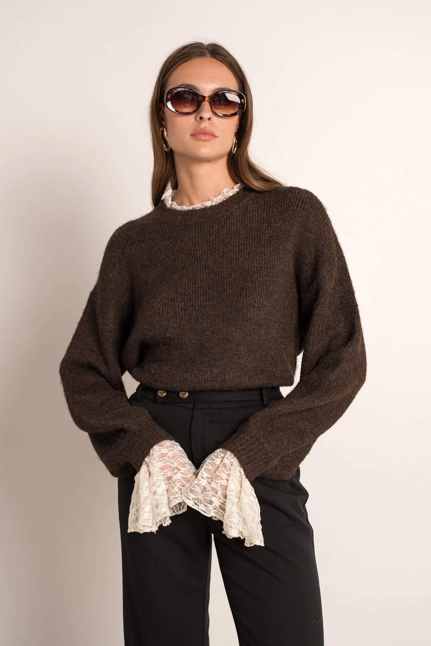 Perfect Lace Sleeve Sweater - Brown