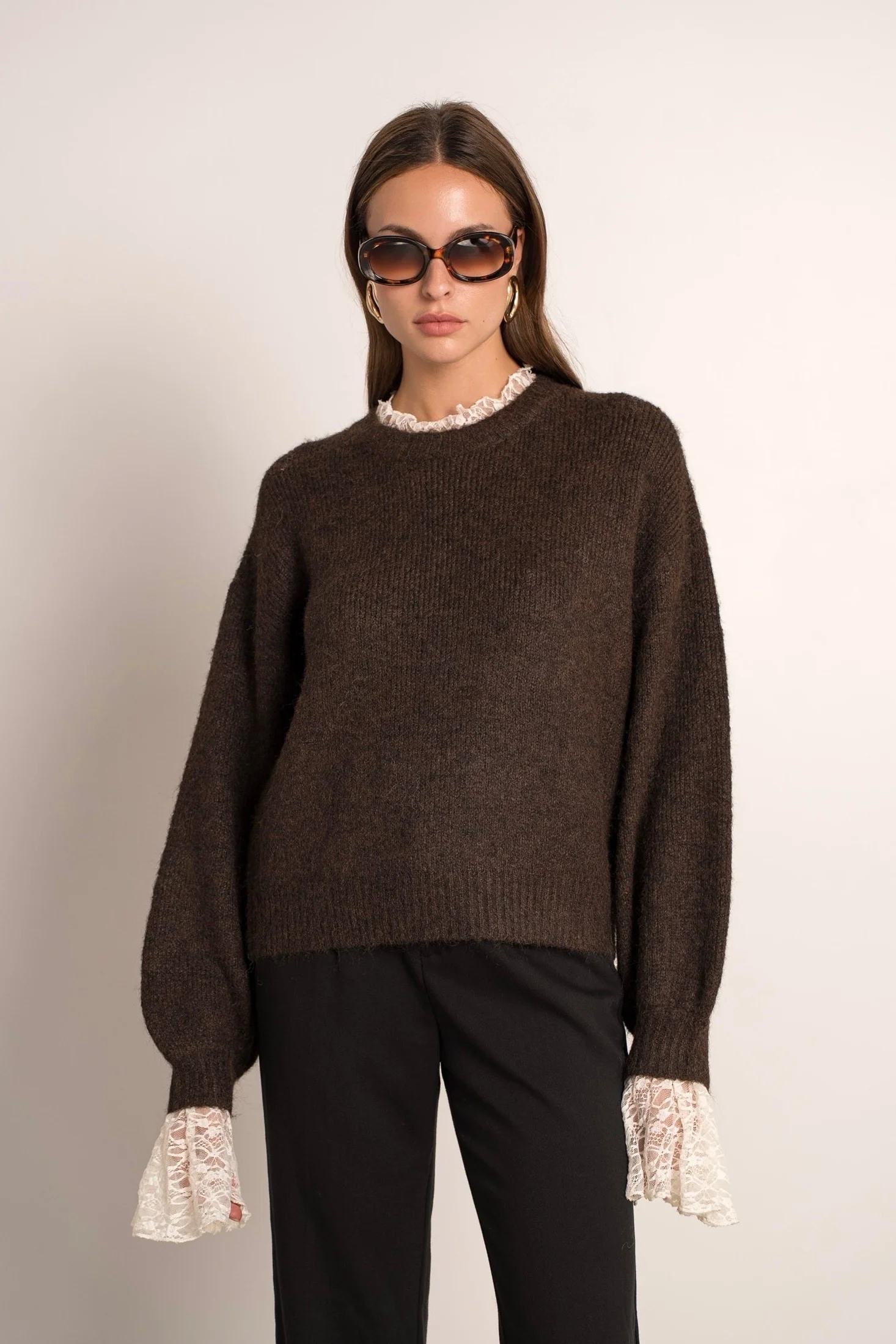 Perfect Lace Sleeve Sweater - Brown - Image 3