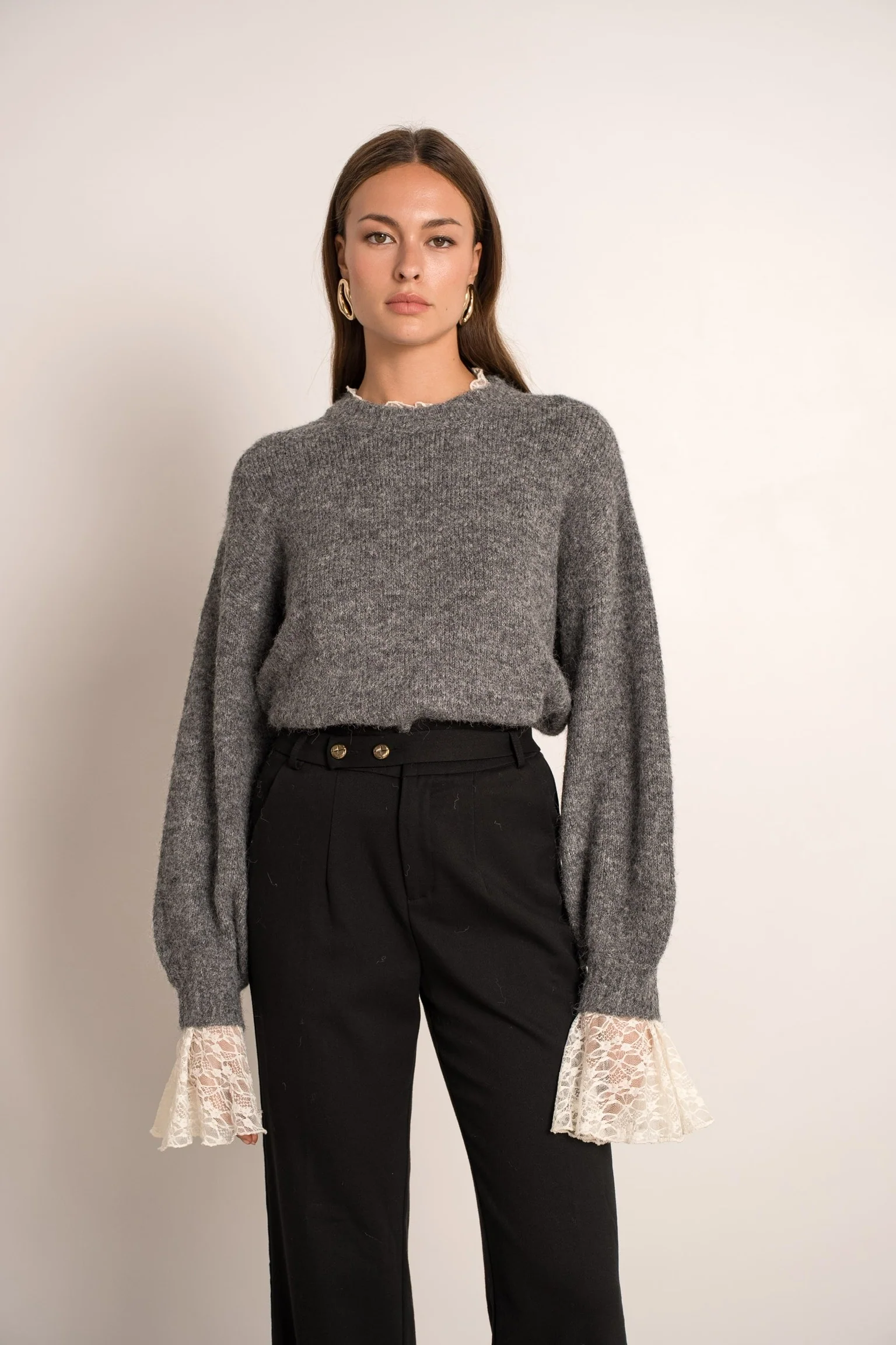 Perfect Lace Sleeve Sweater - Grey - Image 3