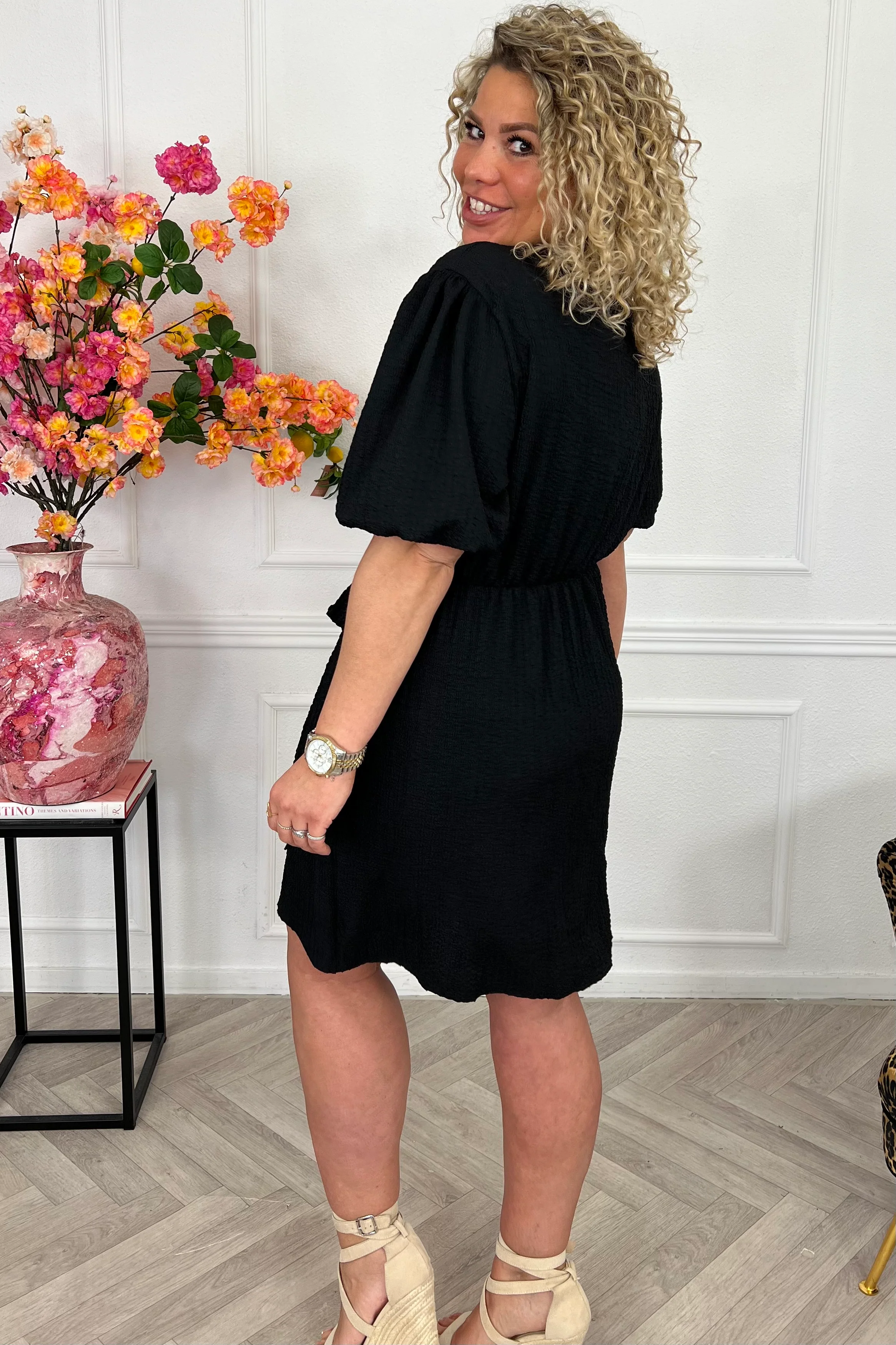 Perfect Puffy Sleeve Wrap Dress - Black - Image 2