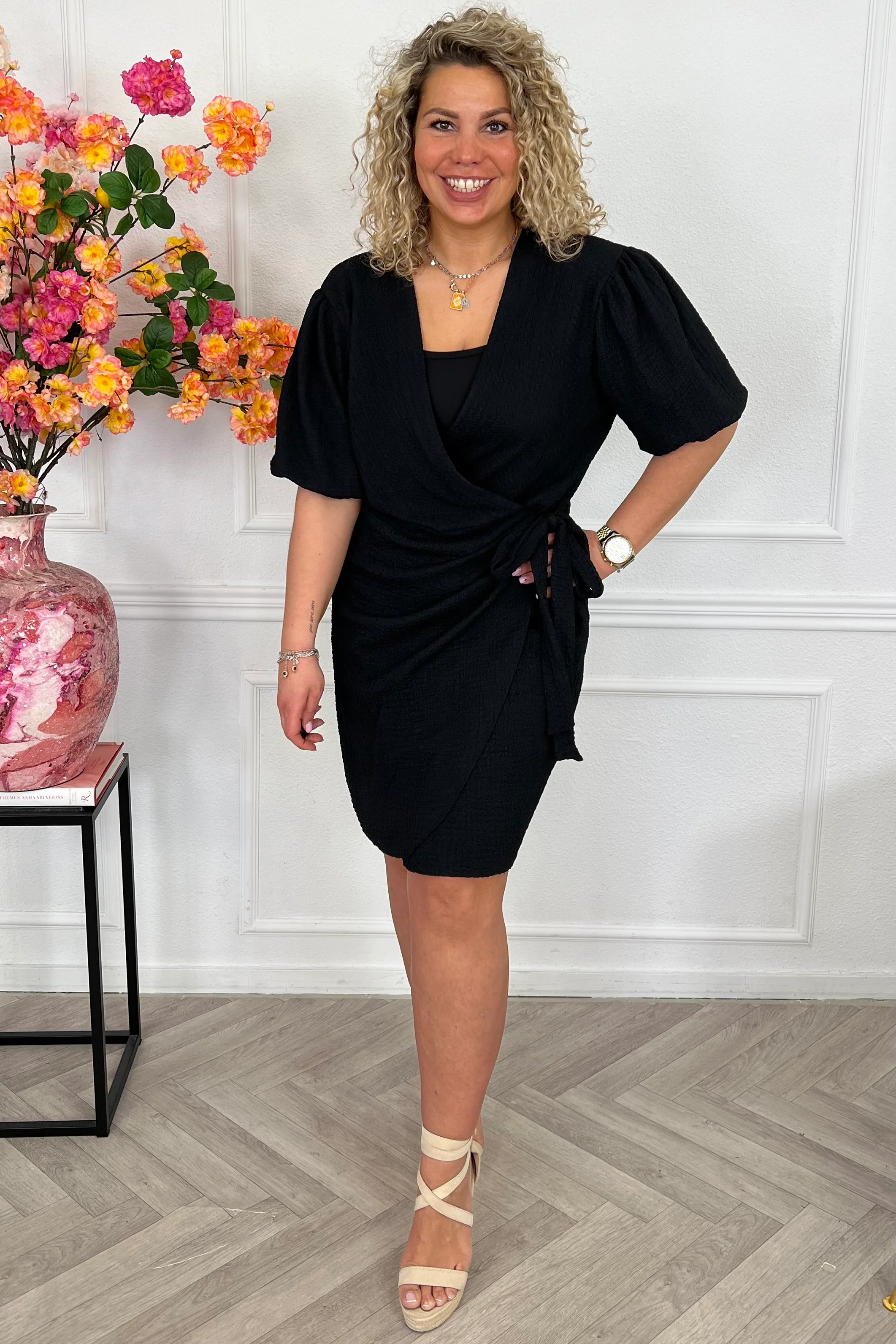 Perfect Puffy Sleeve Wrap Dress - Black - Image 3