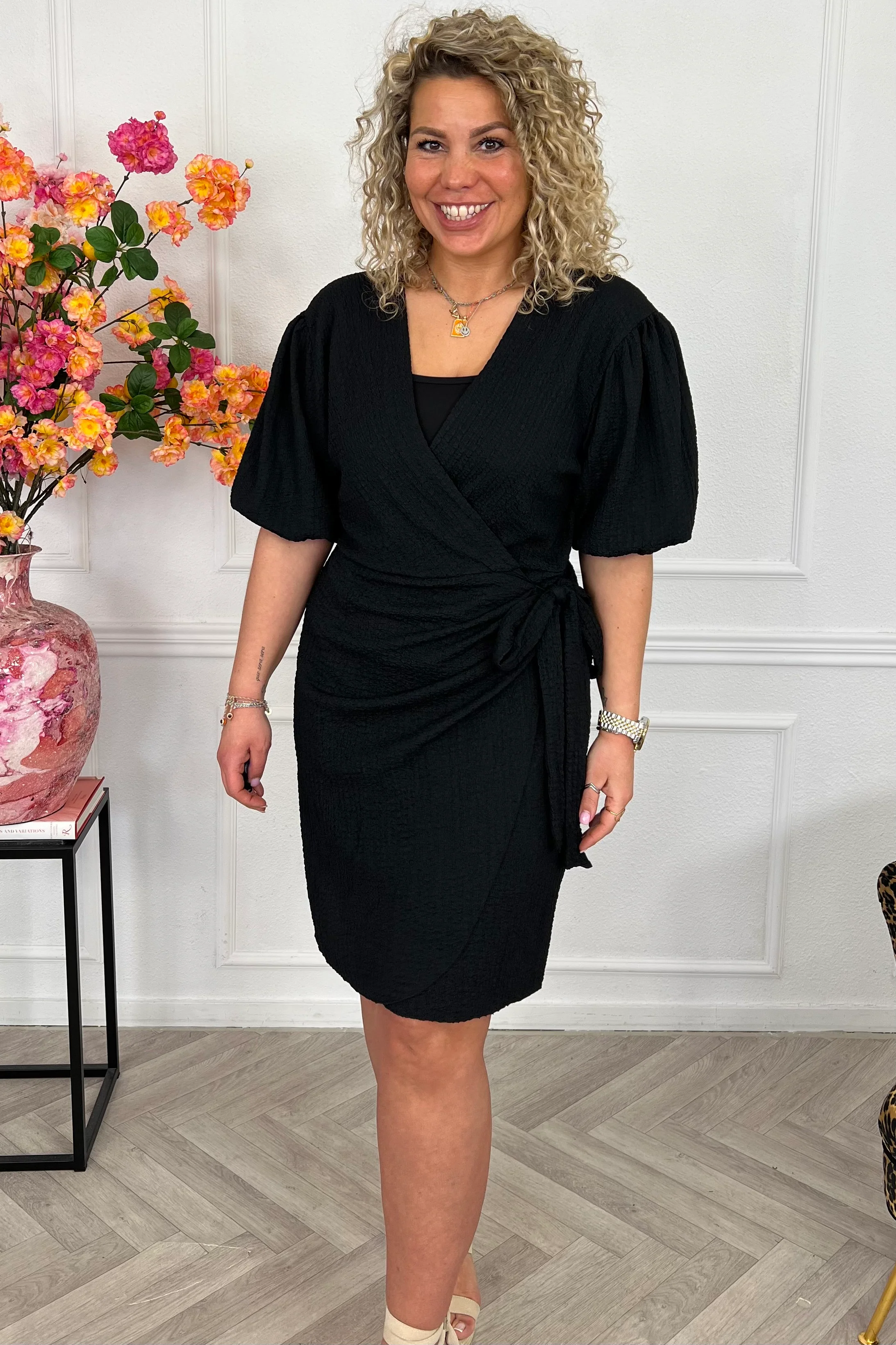 Perfect Puffy Sleeve Wrap Dress - Black - Image 4