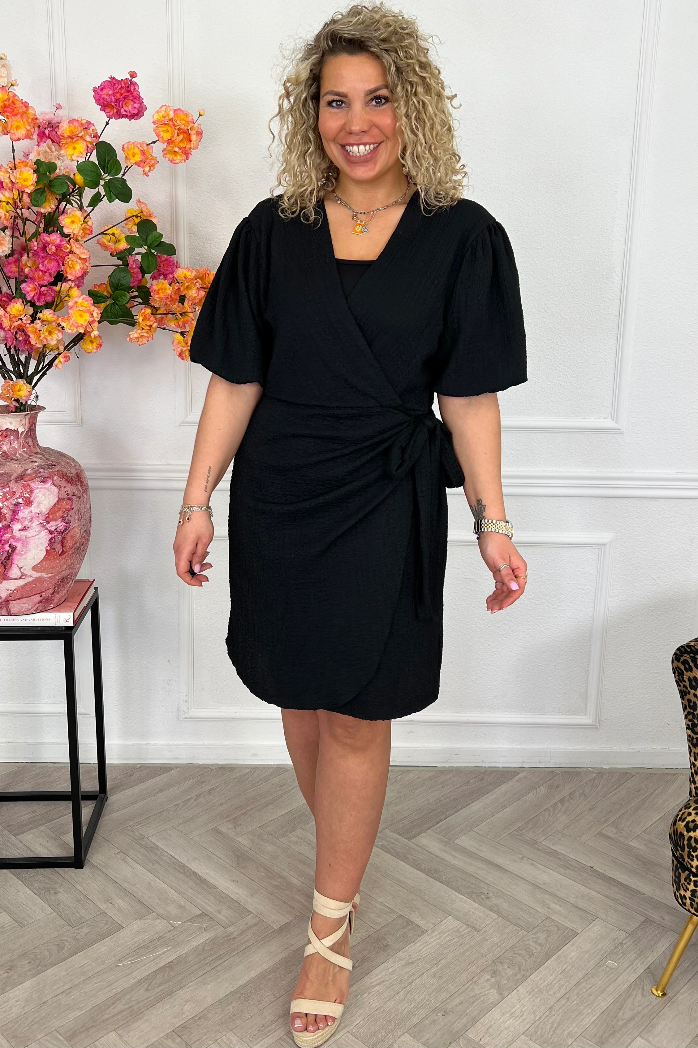 Perfect Puffy Sleeve Wrap Dress - Black - Image 5