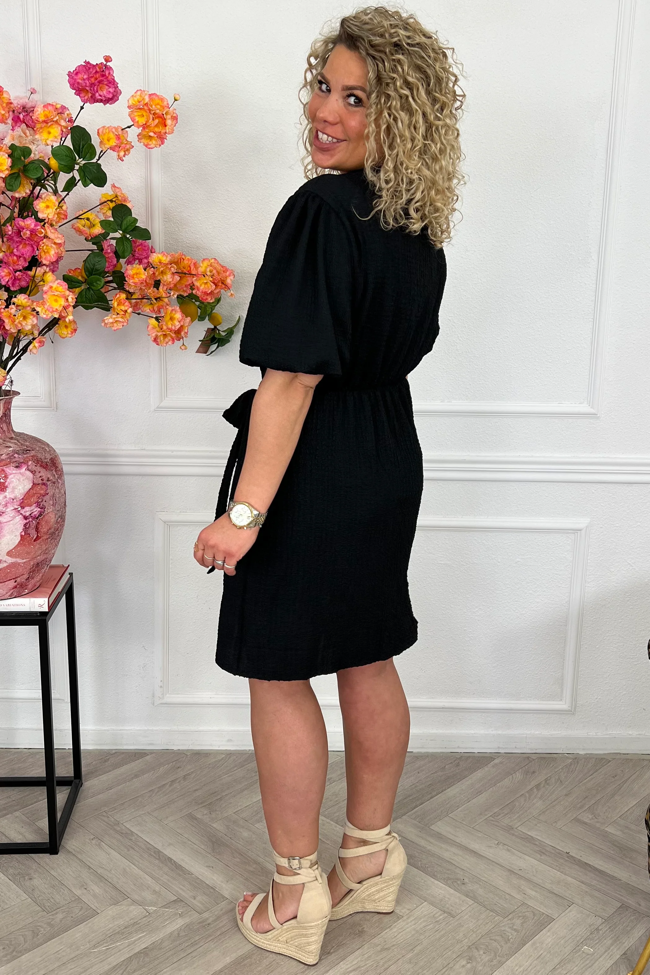 Perfect Puffy Sleeve Wrap Dress - Black - Image 6