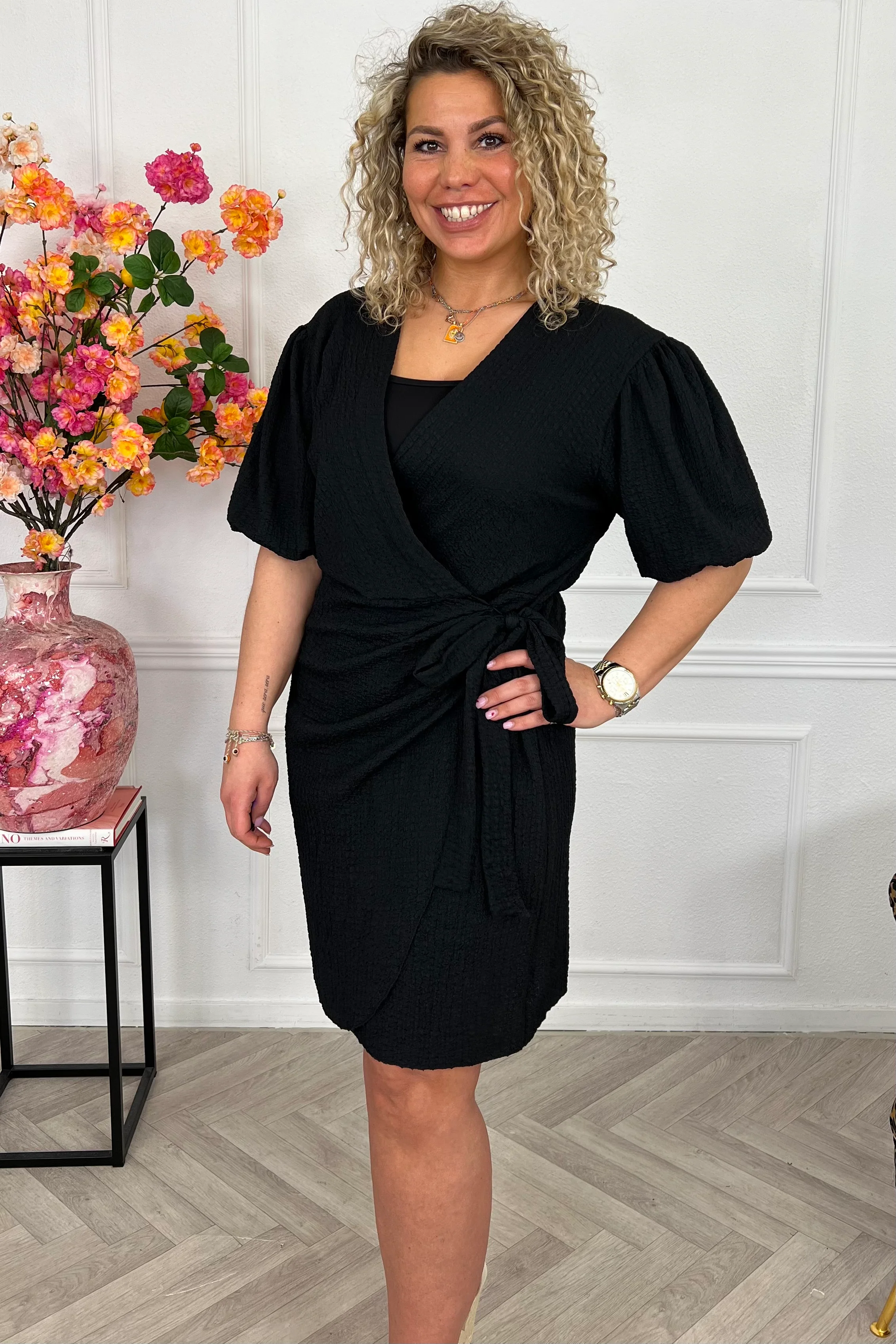 Perfect Puffy Sleeve Wrap Dress - Black - Image 7