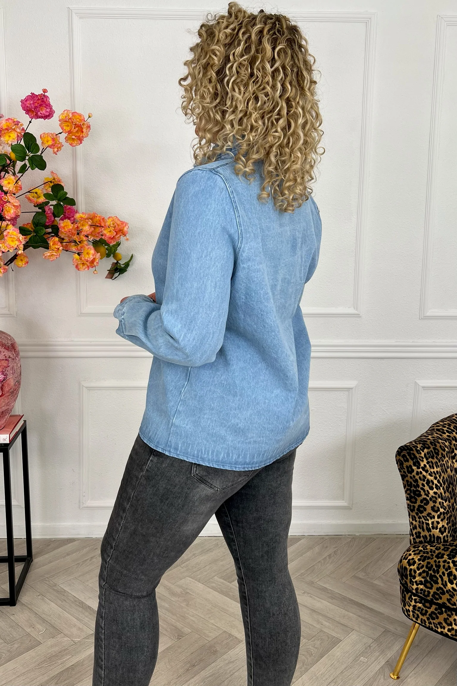 Perfect Ruffle Denim Blouse - Light Blue - Image 2