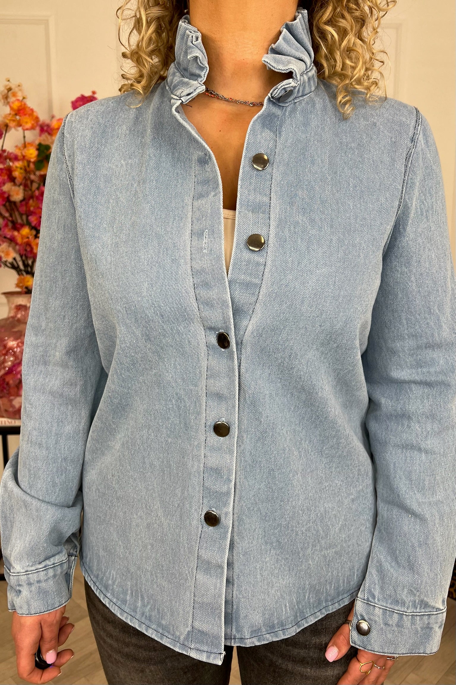 Perfect Ruffle Denim Blouse - Light Blue - Image 3