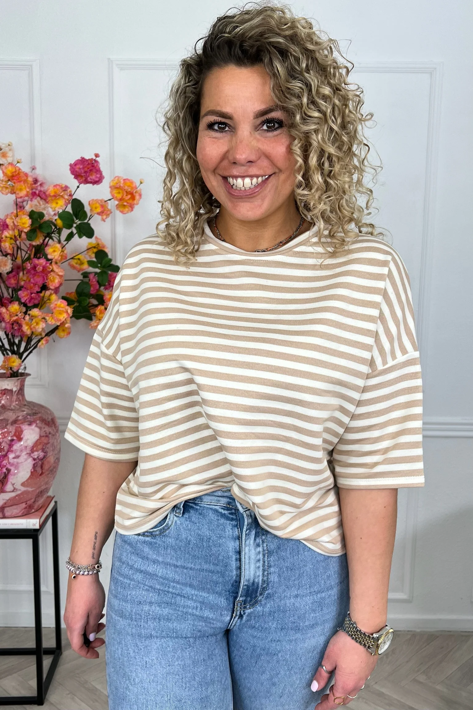 Perfect Short Sleeve Striped Sweater - Beige/Taupe