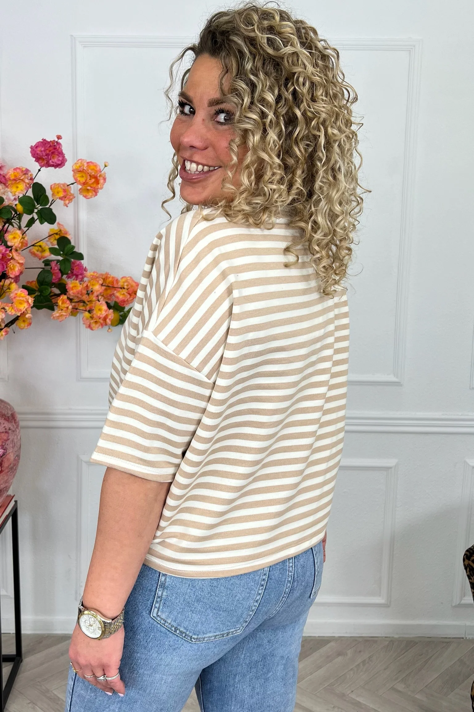 Perfect Short Sleeve Striped Sweater - Beige/Taupe - Image 3