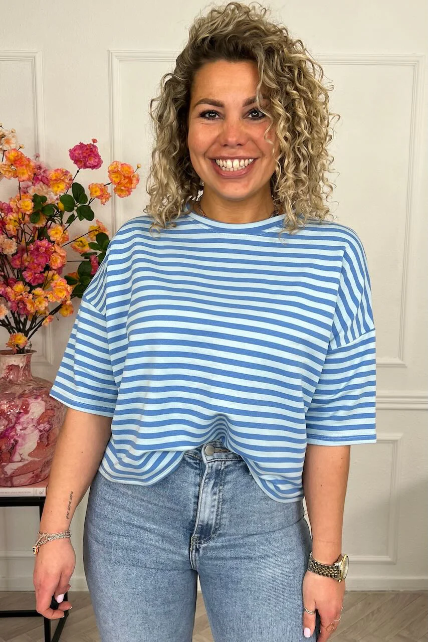 Perfect Short Sleeve Striped Sweater - Blue/Light Blue