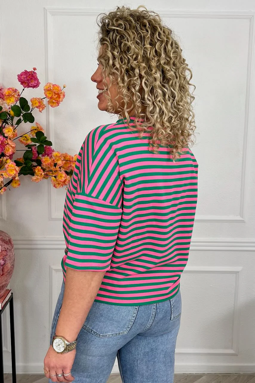 Perfect Short Sleeve Striped Sweater - Green/Pink - Image 2