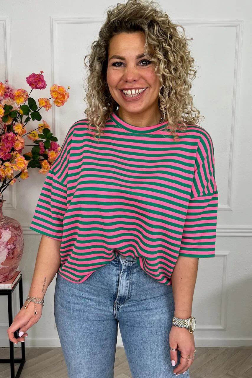 Perfect Short Sleeve Striped Sweater - Green/Pink - Image 3