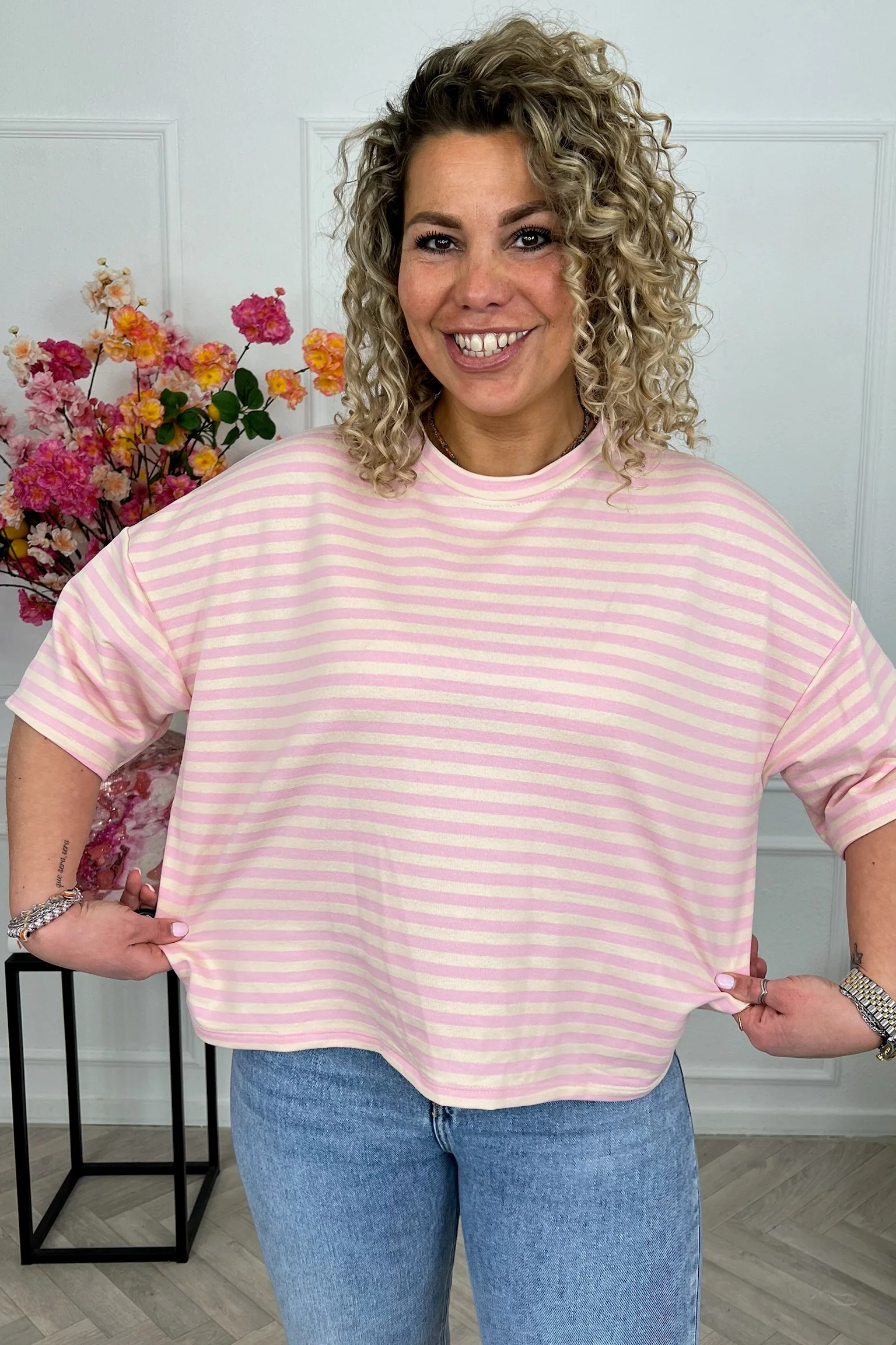 Perfect Short Sleeve Striped Sweater - Light Pink/Beige - Image 3