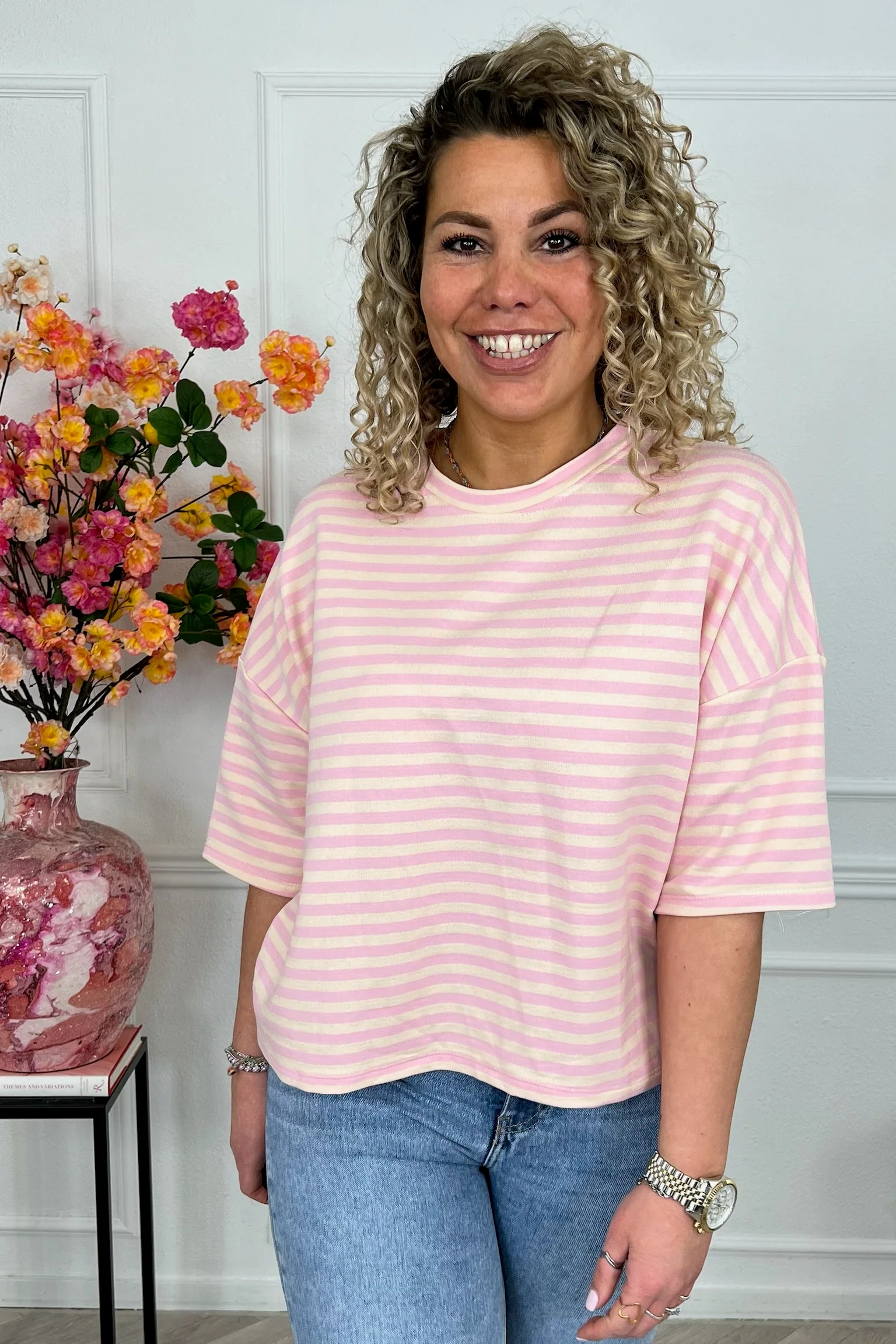Perfect Short Sleeve Striped Sweater - Light Pink/Beige - Image 4