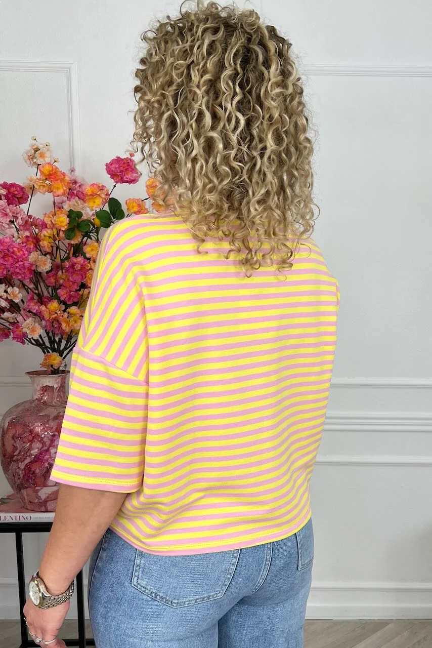 Perfect Short Sleeve Striped Sweater - Light Pink/Yellow - Image 2