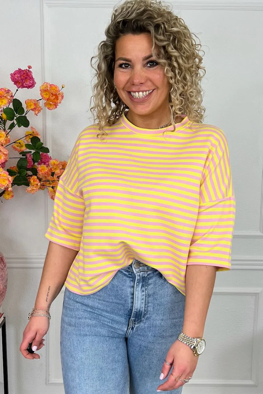 Perfect Short Sleeve Striped Sweater - Light Pink/Yellow - Image 3