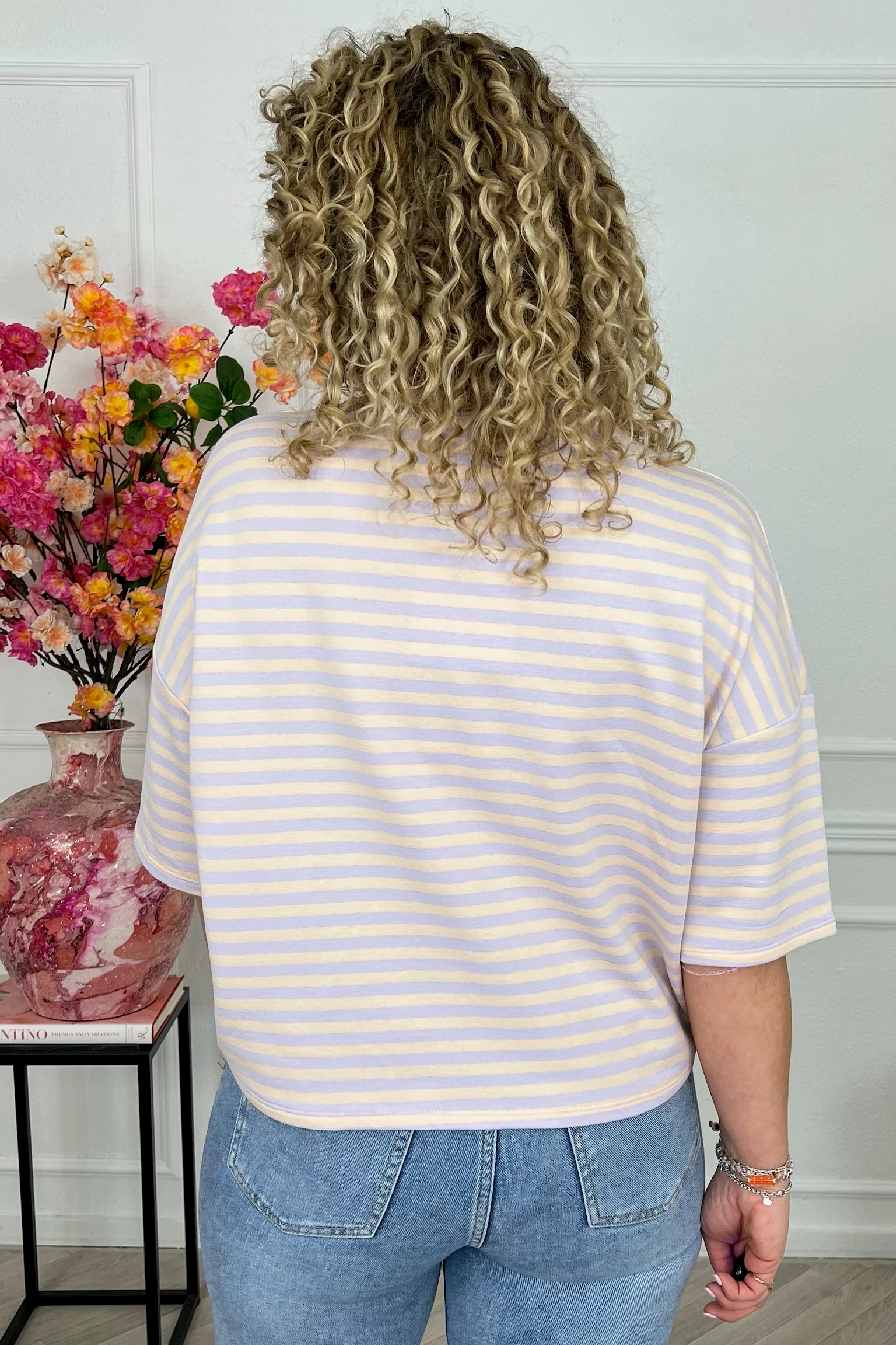 Perfect Short Sleeve Striped Sweater - Lila/Beige - Image 2